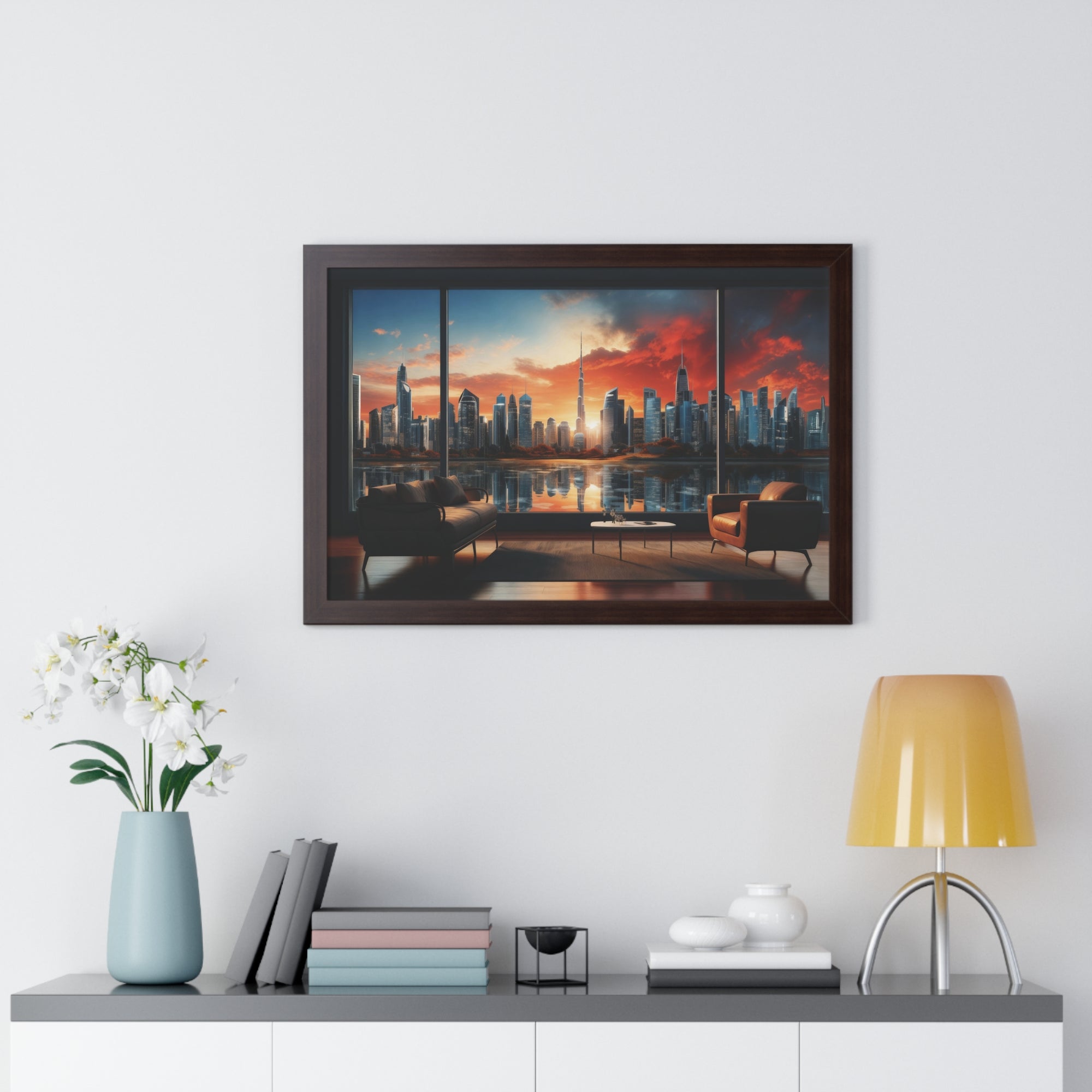 Framed Luxury City View – Modern Living Room Wall Art with Skyline Sunset Reflection