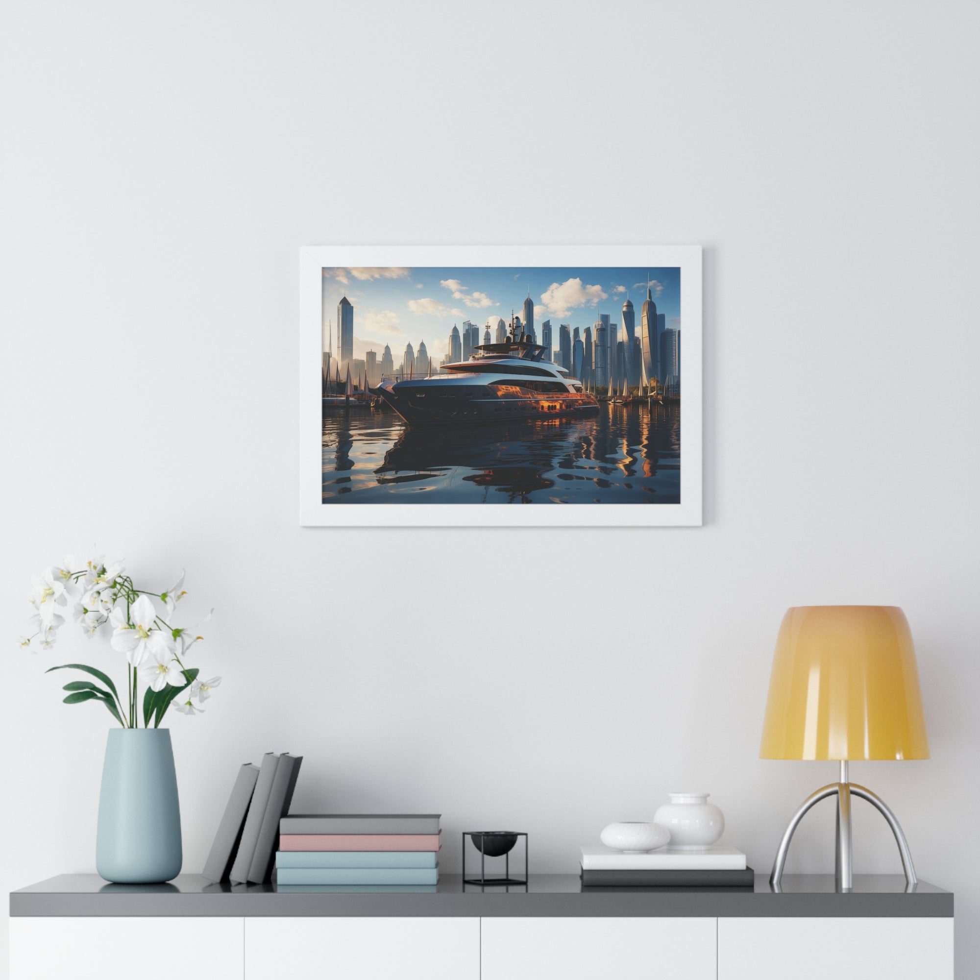 Luxury Yacht Marina at Sunset – Framed Cityscape Wall Art for Modern Interiors