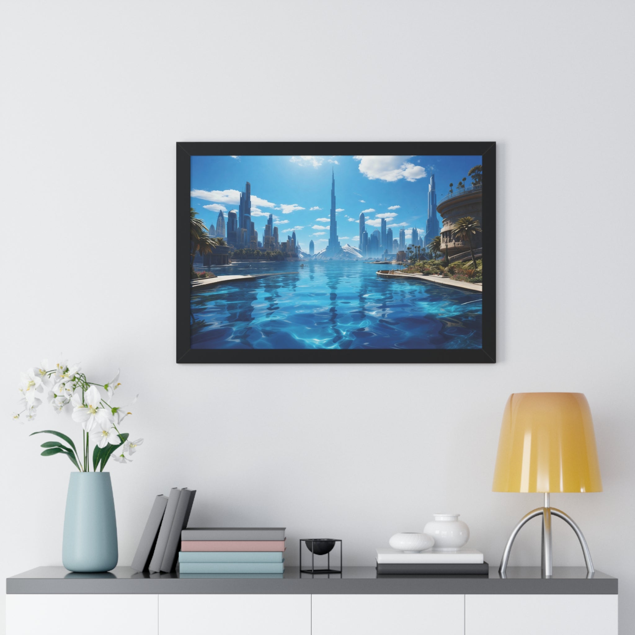 Futuristic Waterfront Skyline – Framed Wall Art with Palm Trees & Ultra-Modern Architecture