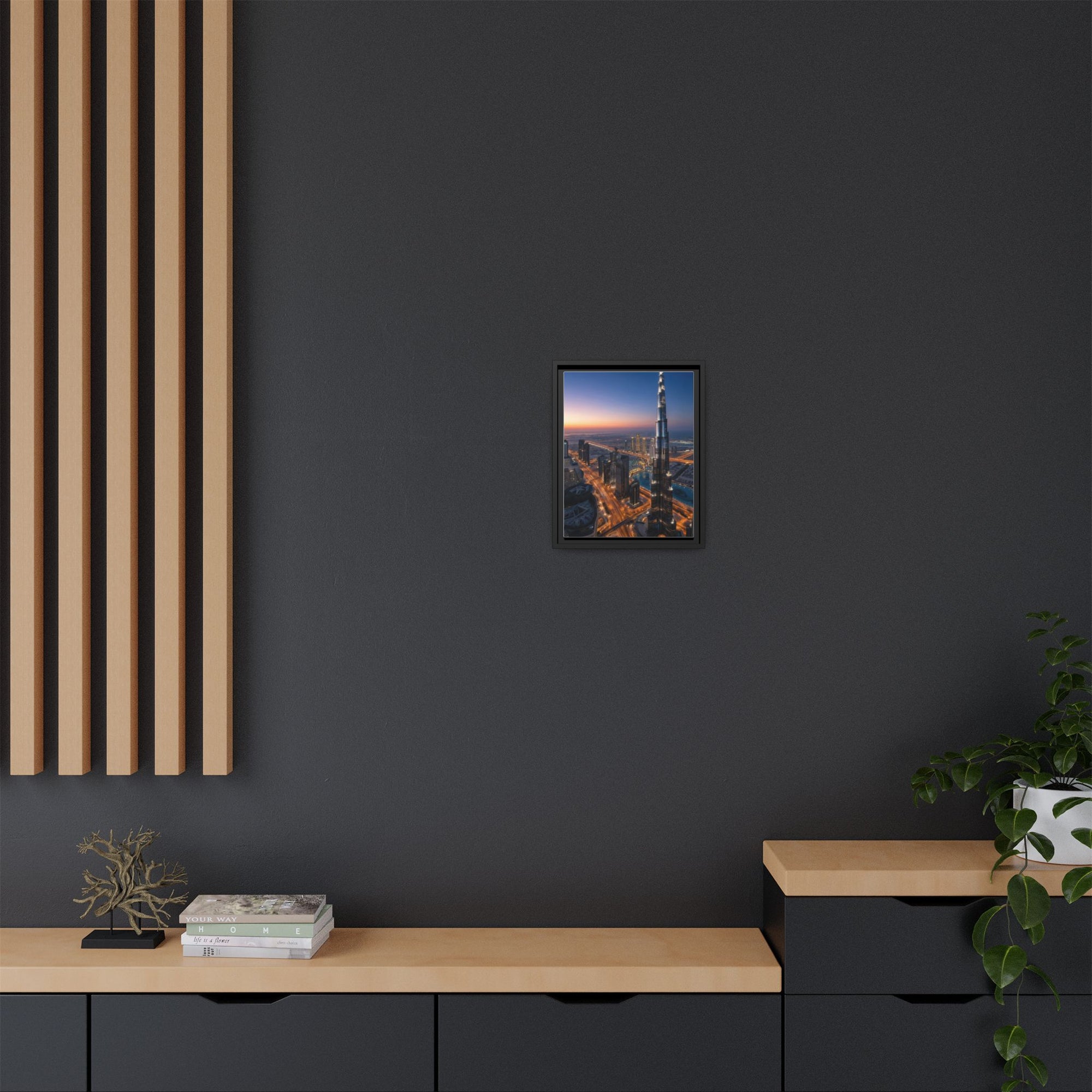 Framed Dubai Skyline at Dusk – Stunning Cityscape Wall Art