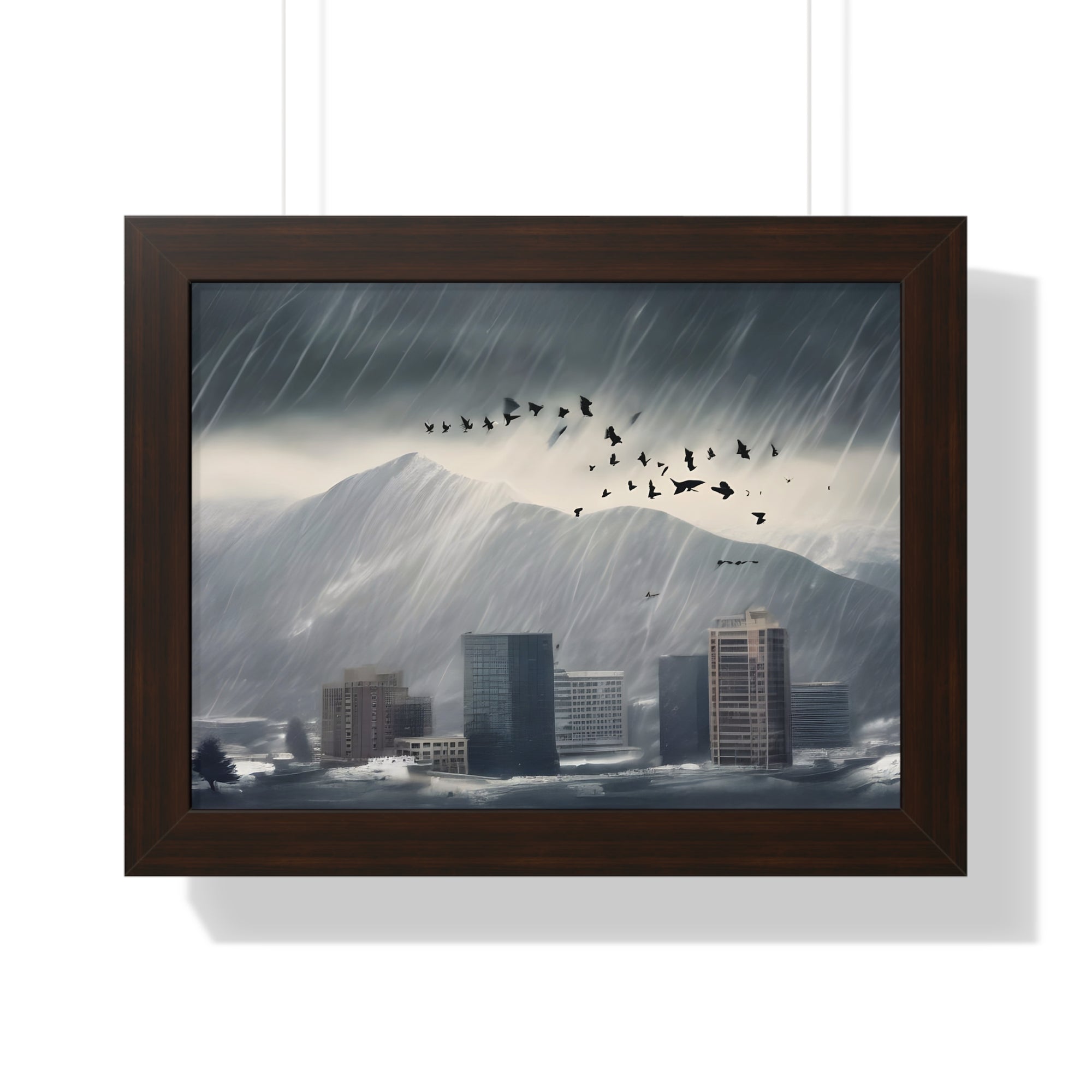 Urban Downpour with Birds in Flight – Futuristic Wall Print