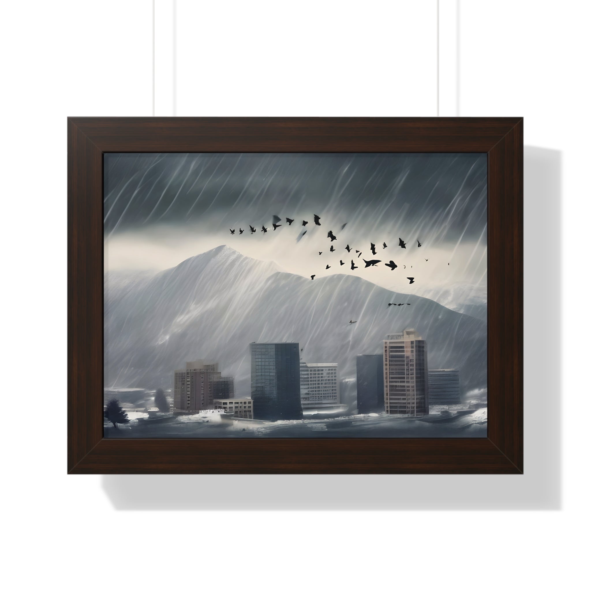 Urban Downpour with Birds in Flight – Futuristic Wall Print