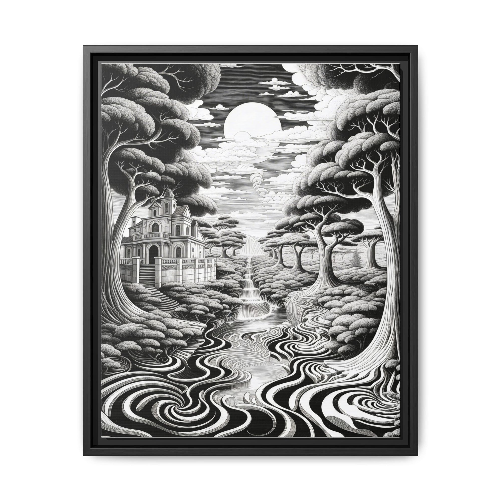Enchanted River & Mansion Scene Luxury Landscape Wall Art