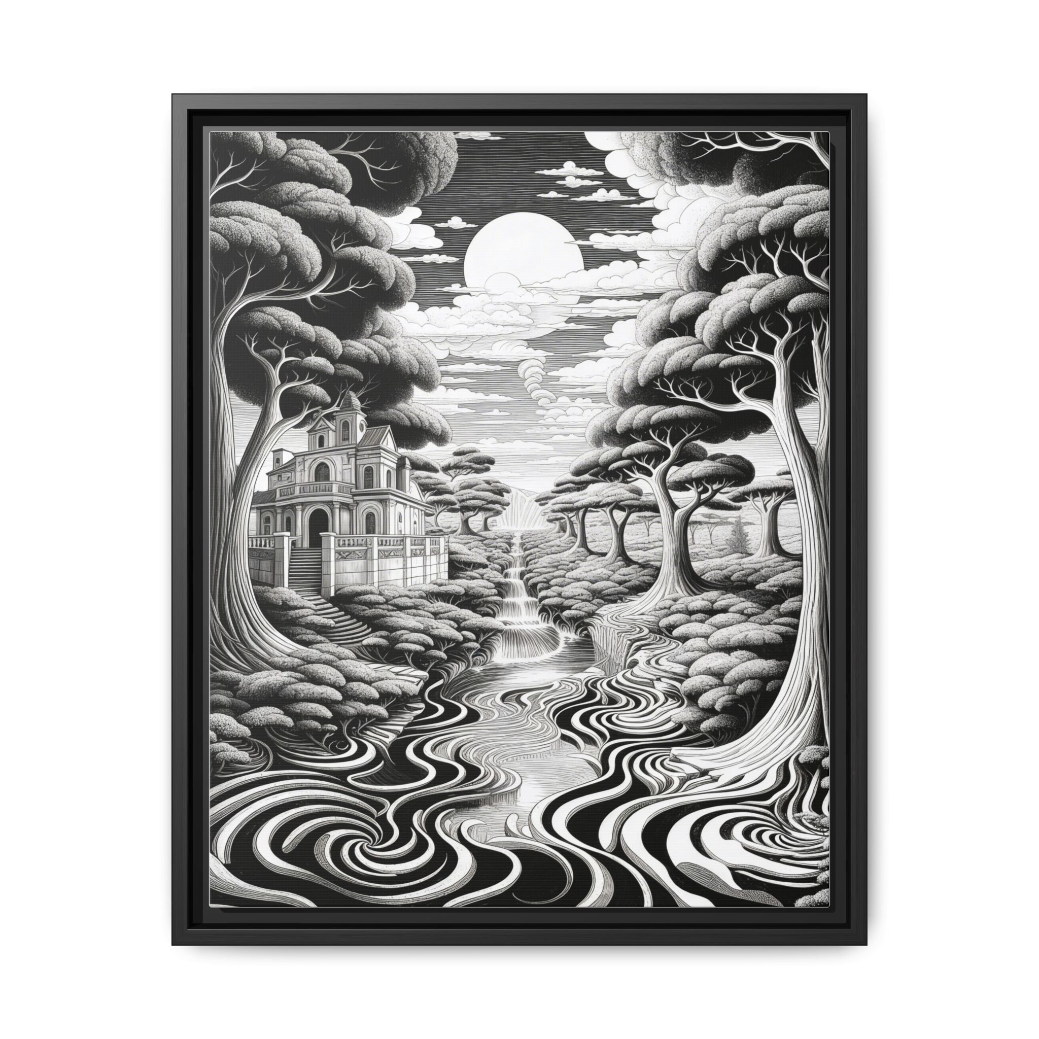 Enchanted River & Mansion Scene Luxury Landscape Wall Art