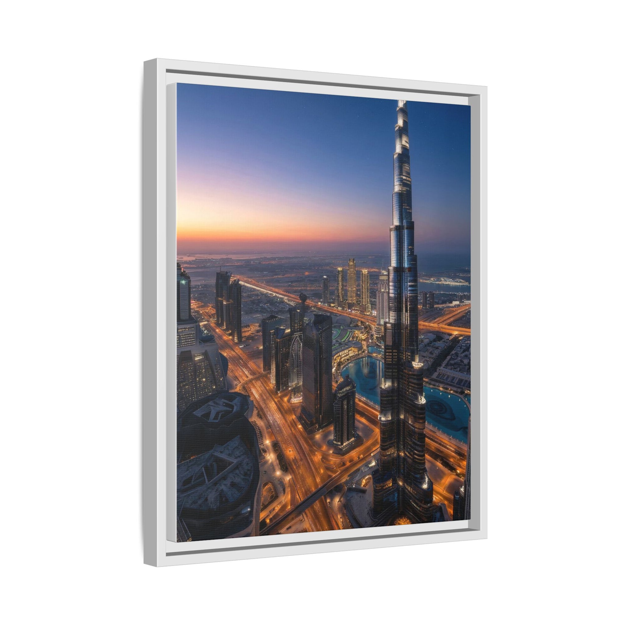 Framed Dubai Skyline at Dusk – Stunning Cityscape Wall Art