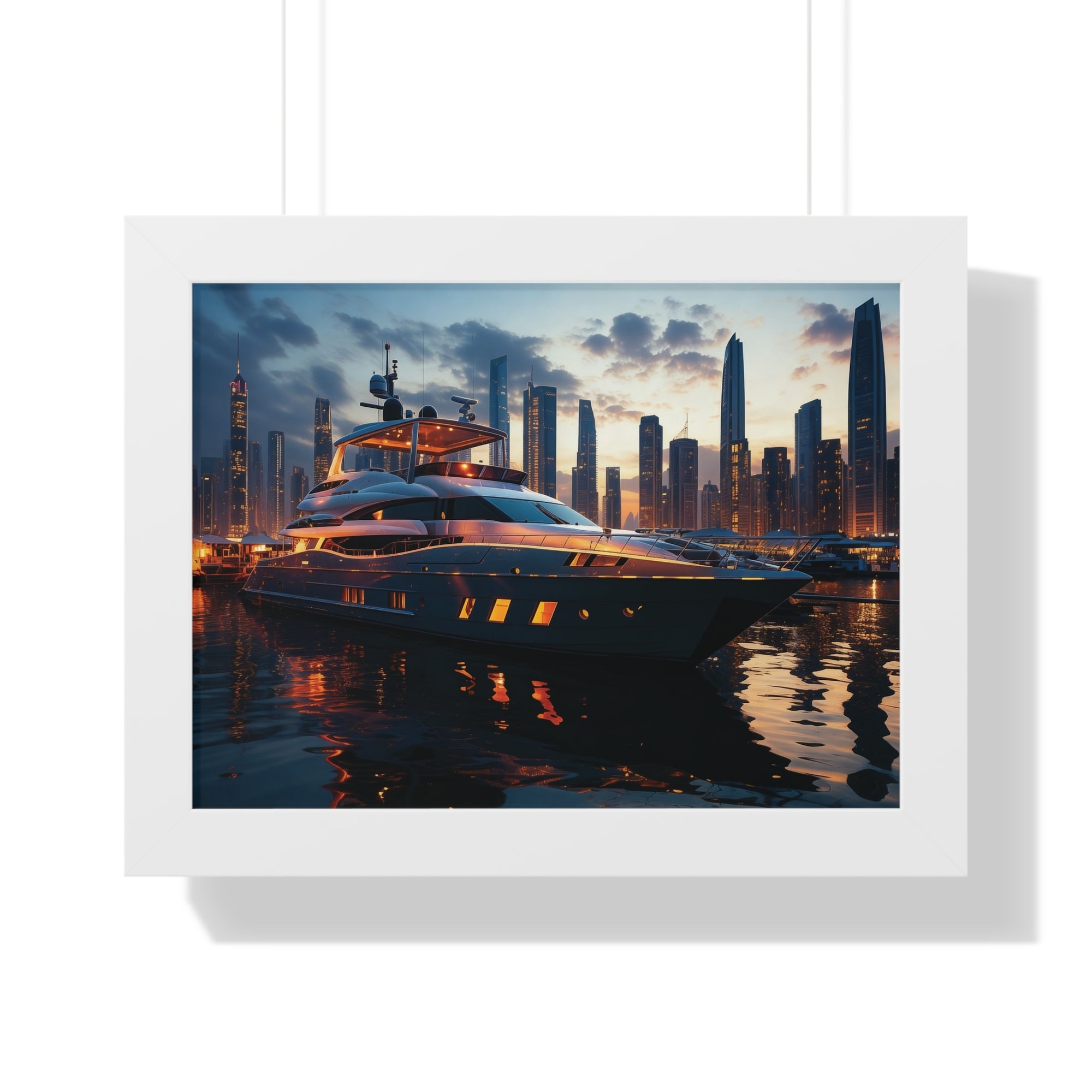 Framed Luxury Yacht at Sunset – Unique Marina Cityscape Wall Art