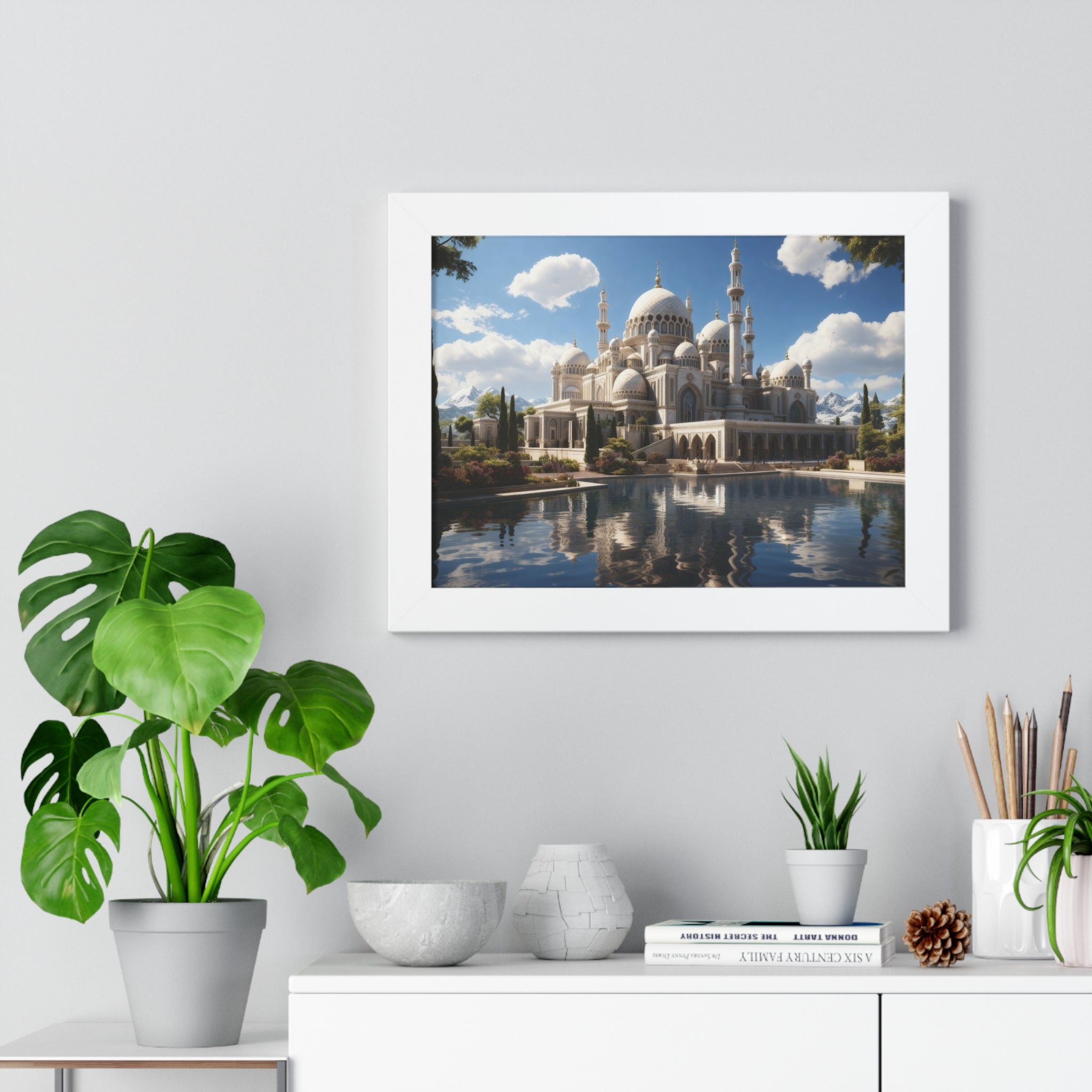 Reflections of Faith – Framed Islamic Mosque Wall Art with Scenic Lake & Mountain Backdrop