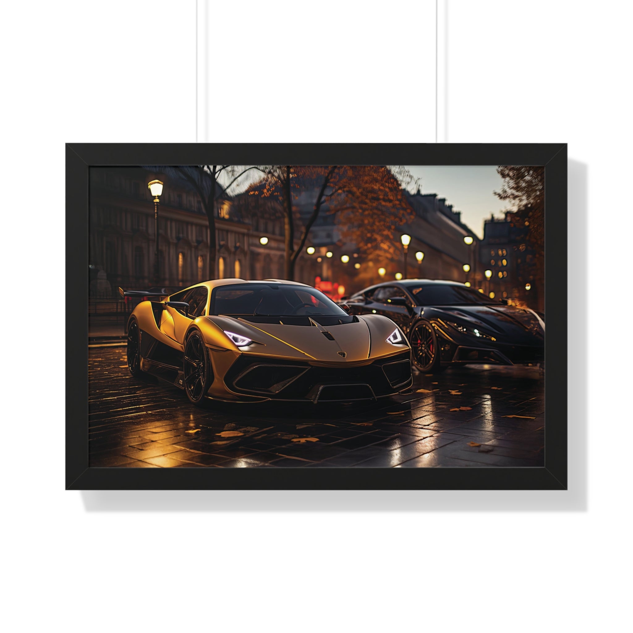 Modified Lamborghini Gold Print - A wet City Street at Night with illuminated Street Lamps