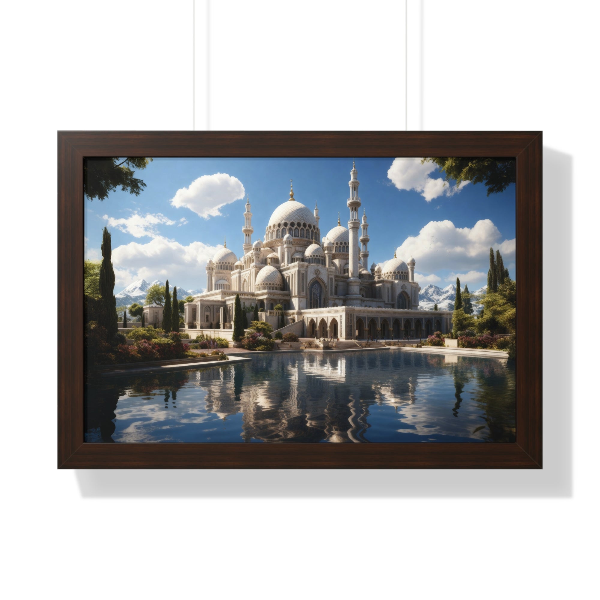 Reflections of Faith – Framed Islamic Mosque Wall Art with Scenic Lake & Mountain Backdrop