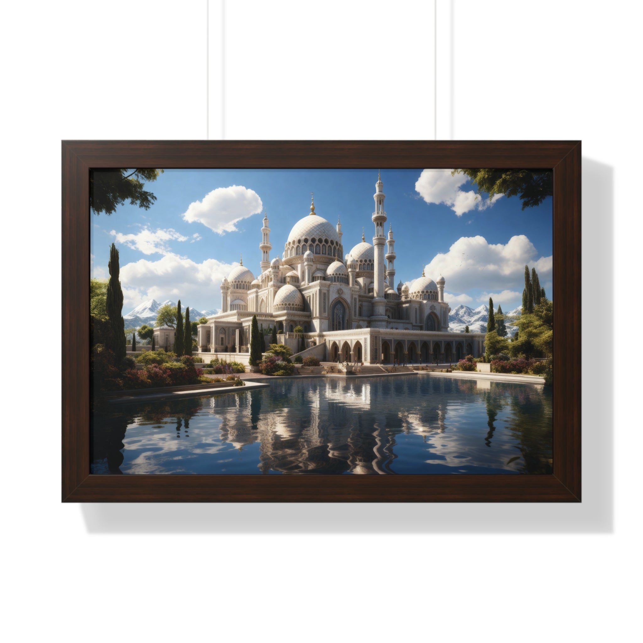 Reflections of Faith – Framed Islamic Mosque Wall Art with Scenic Lake & Mountain Backdrop