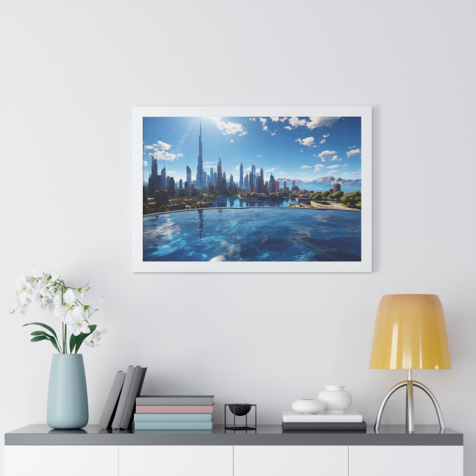 Infinity Pool Skyline View – Framed Luxury Wall Art with Cityscape and Mountain Backdrop