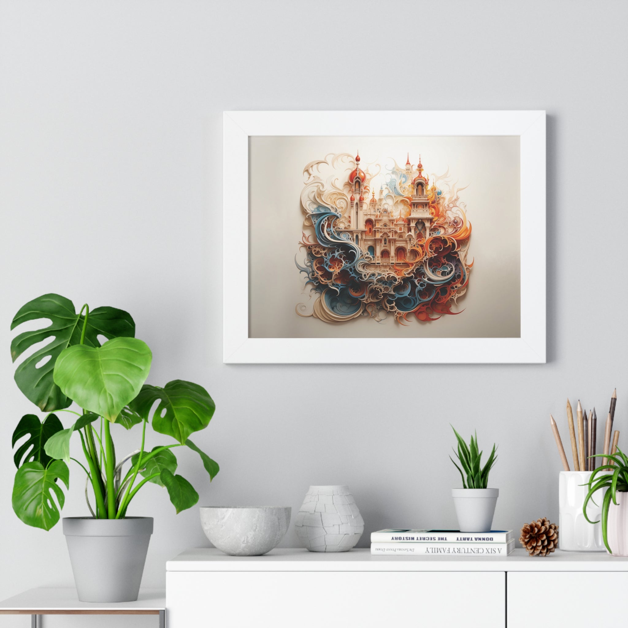 Whimsical Citadel – Mosque Themed Framed Wall Art in Swirling Hues