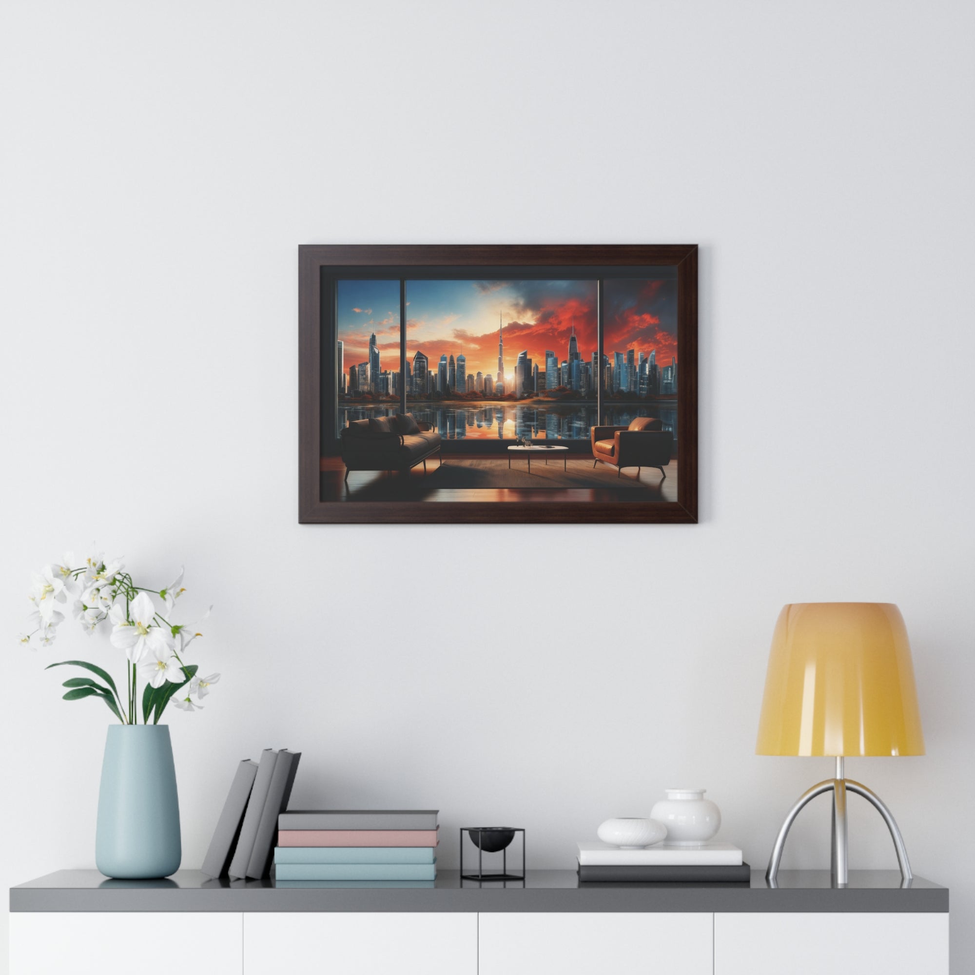 Framed Luxury City View – Modern Living Room Wall Art with Skyline Sunset Reflection
