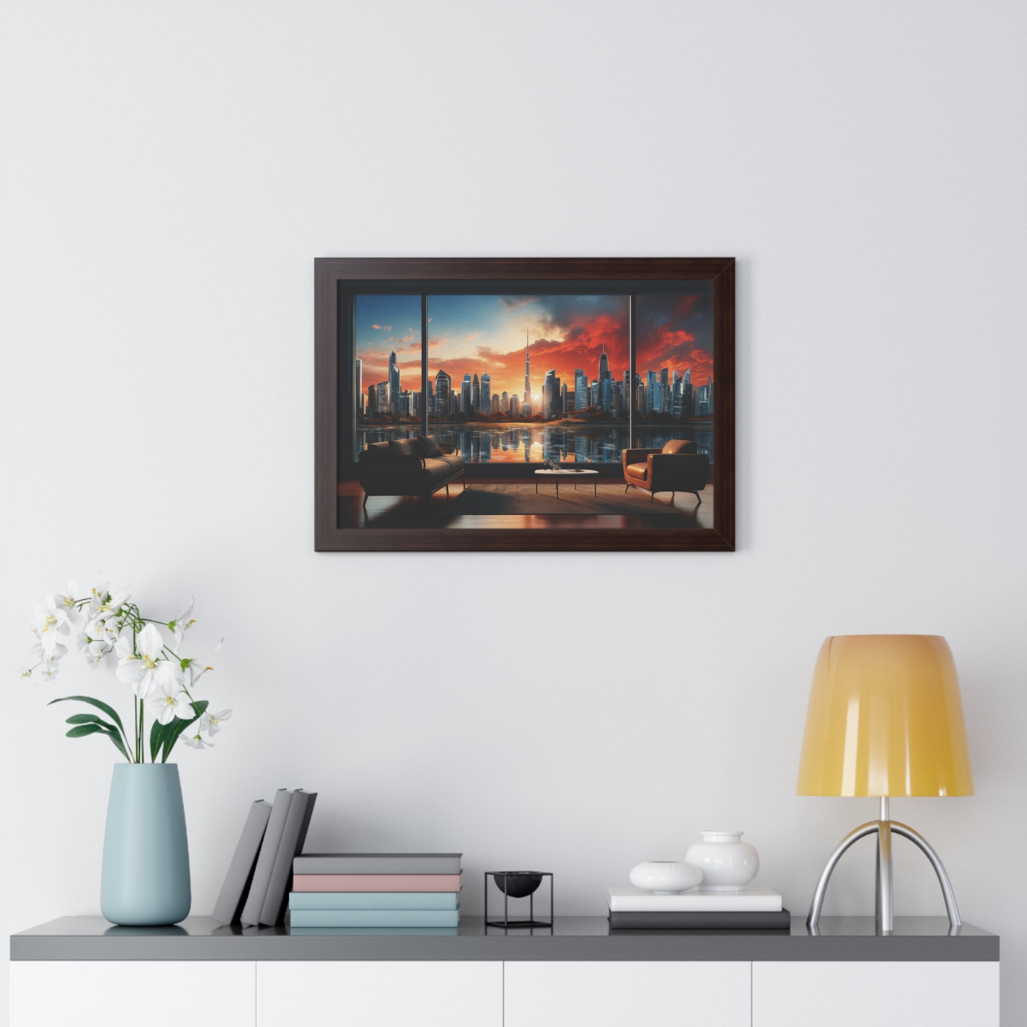 Framed Luxury City View – Modern Living Room Wall Art with Skyline Sunset Reflection