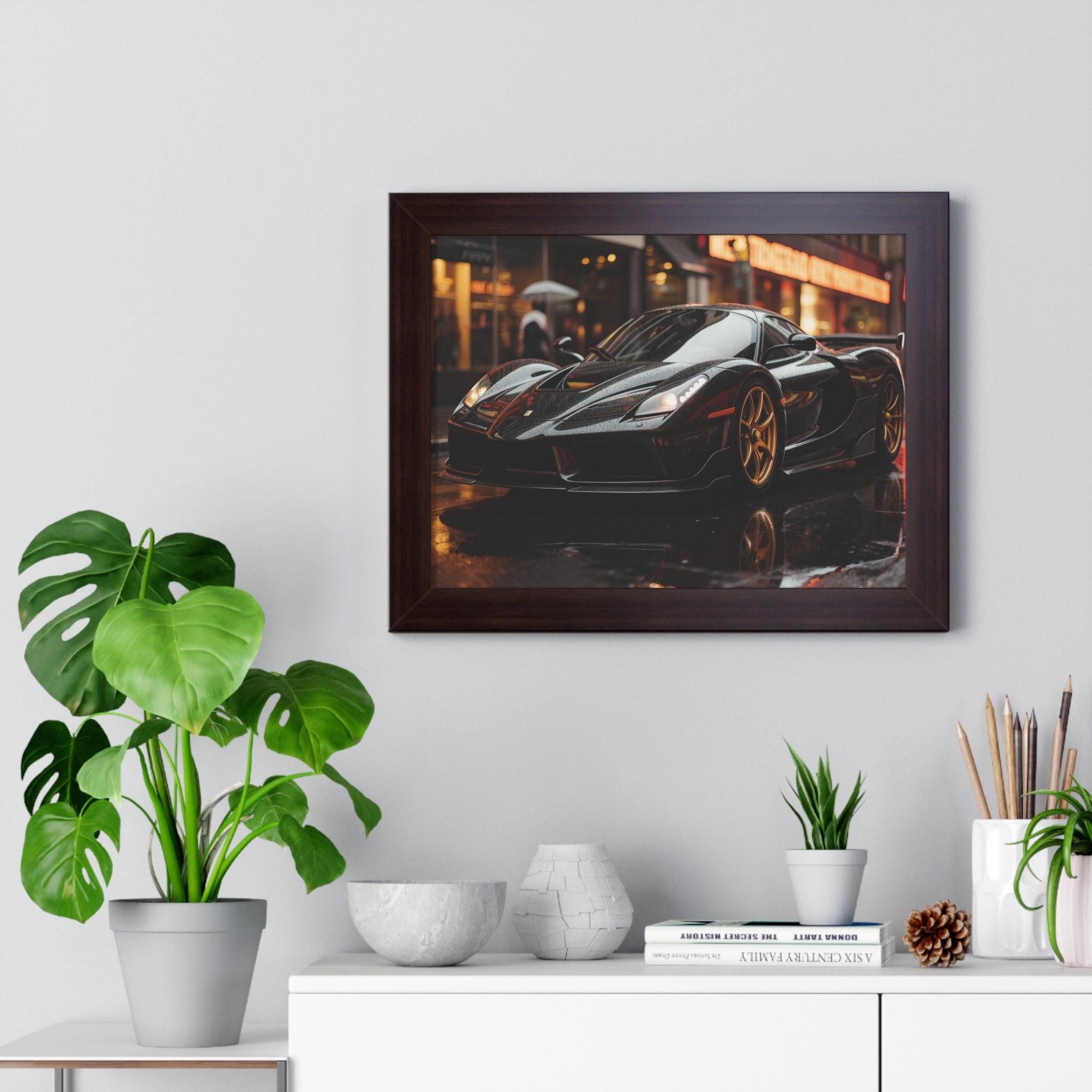 Framed Black Ferrari F50 Poster – Bold Automotive Statement Piece