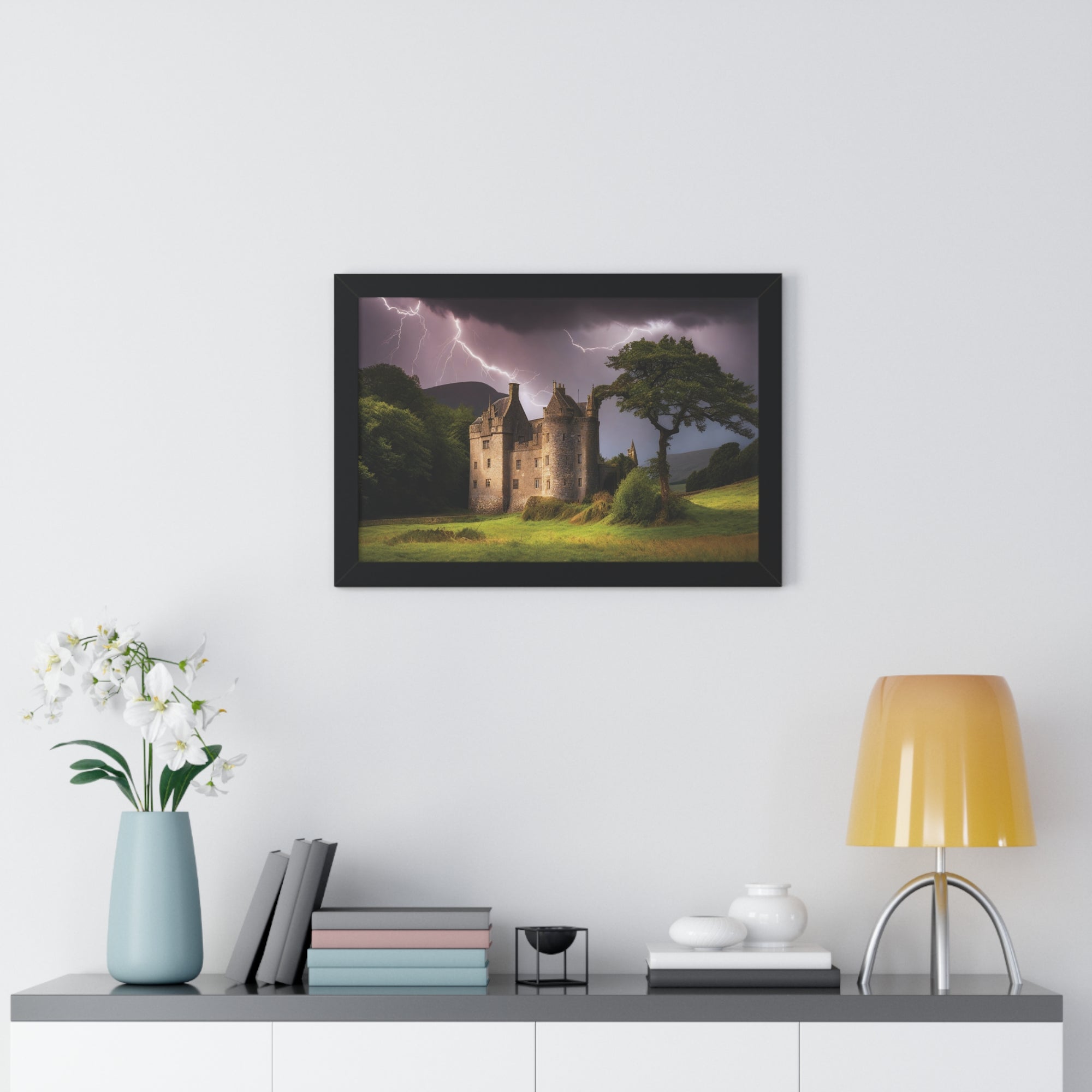 Mystic Castle Lightning Storm Wall Art – Dramatic Gothic Landscape Print