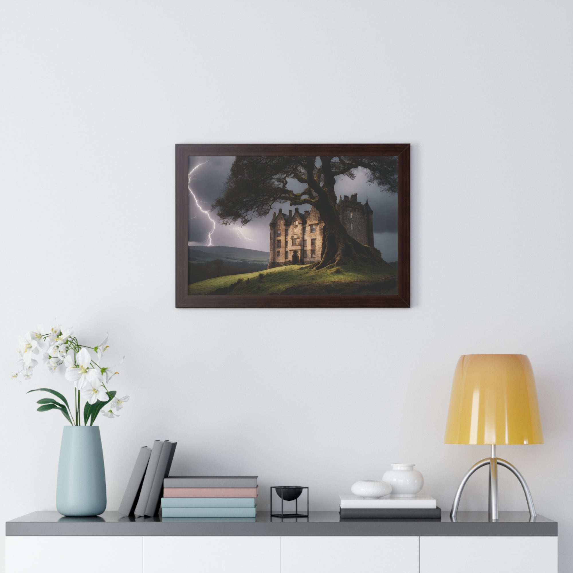 Haunted Scottish Castle Wall Art – Lightning Storm & Ancient Tree Landscape Print