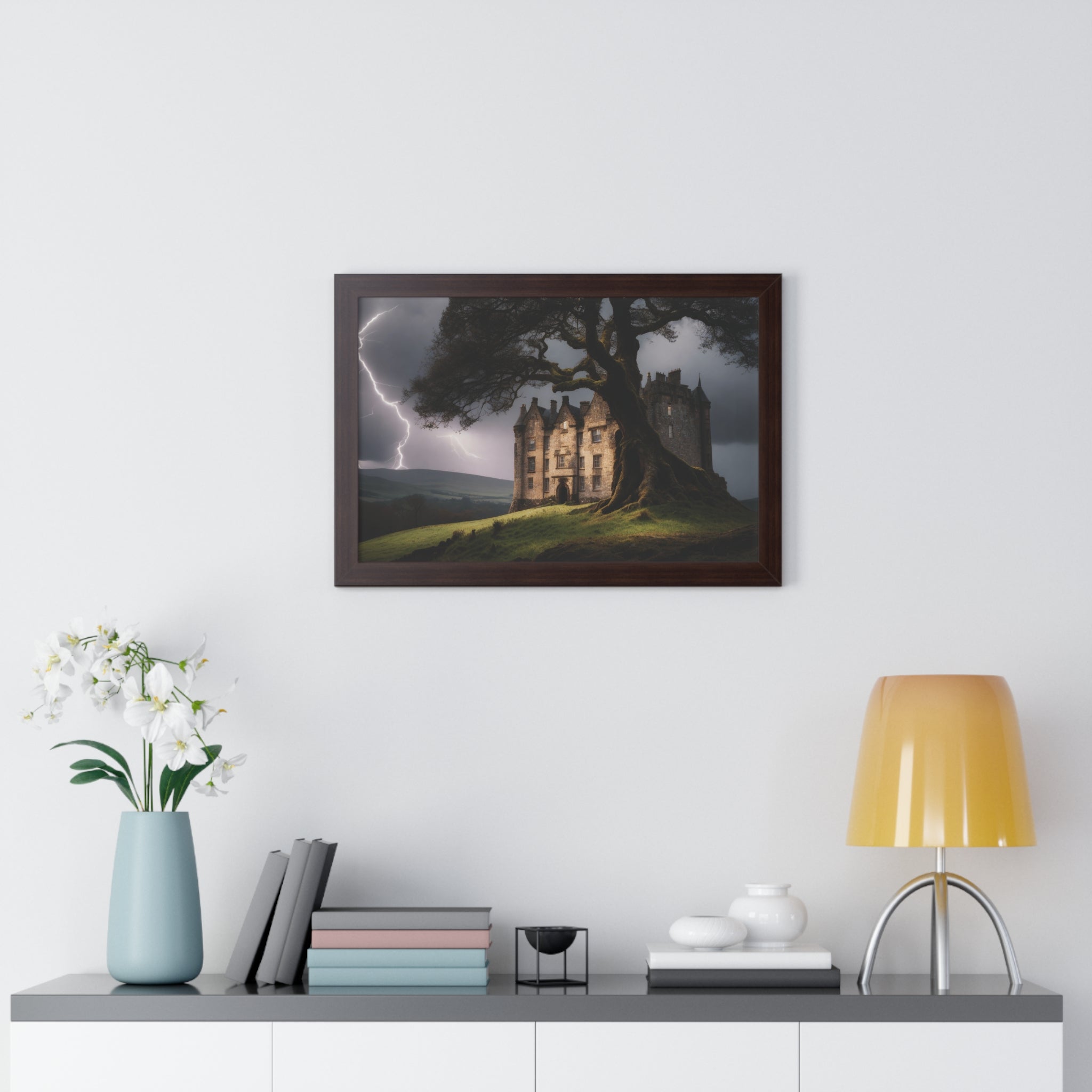 Haunted Scottish Castle Wall Art – Lightning Storm & Ancient Tree Landscape Print