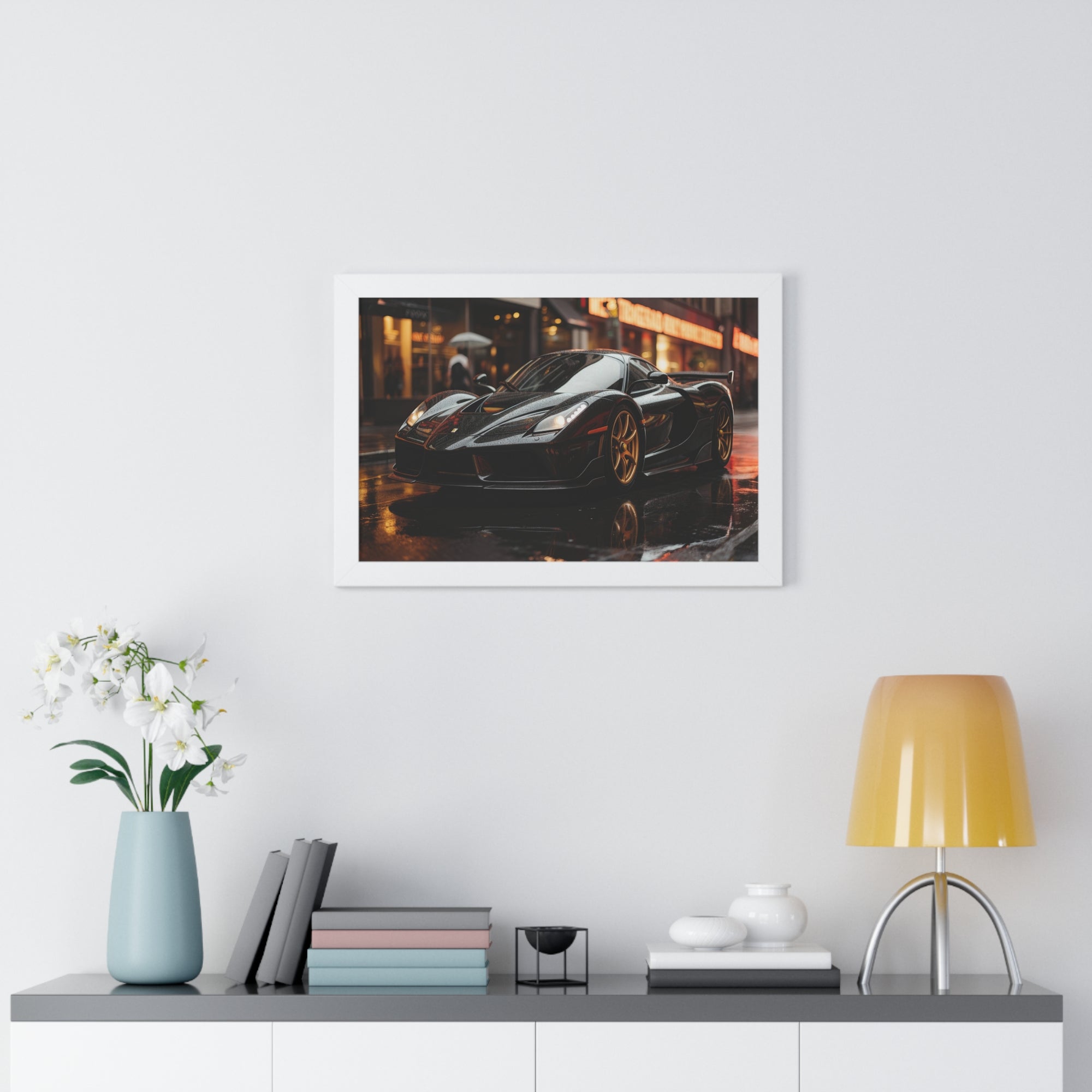 Framed Black Ferrari F50 Poster – Bold Automotive Statement Piece