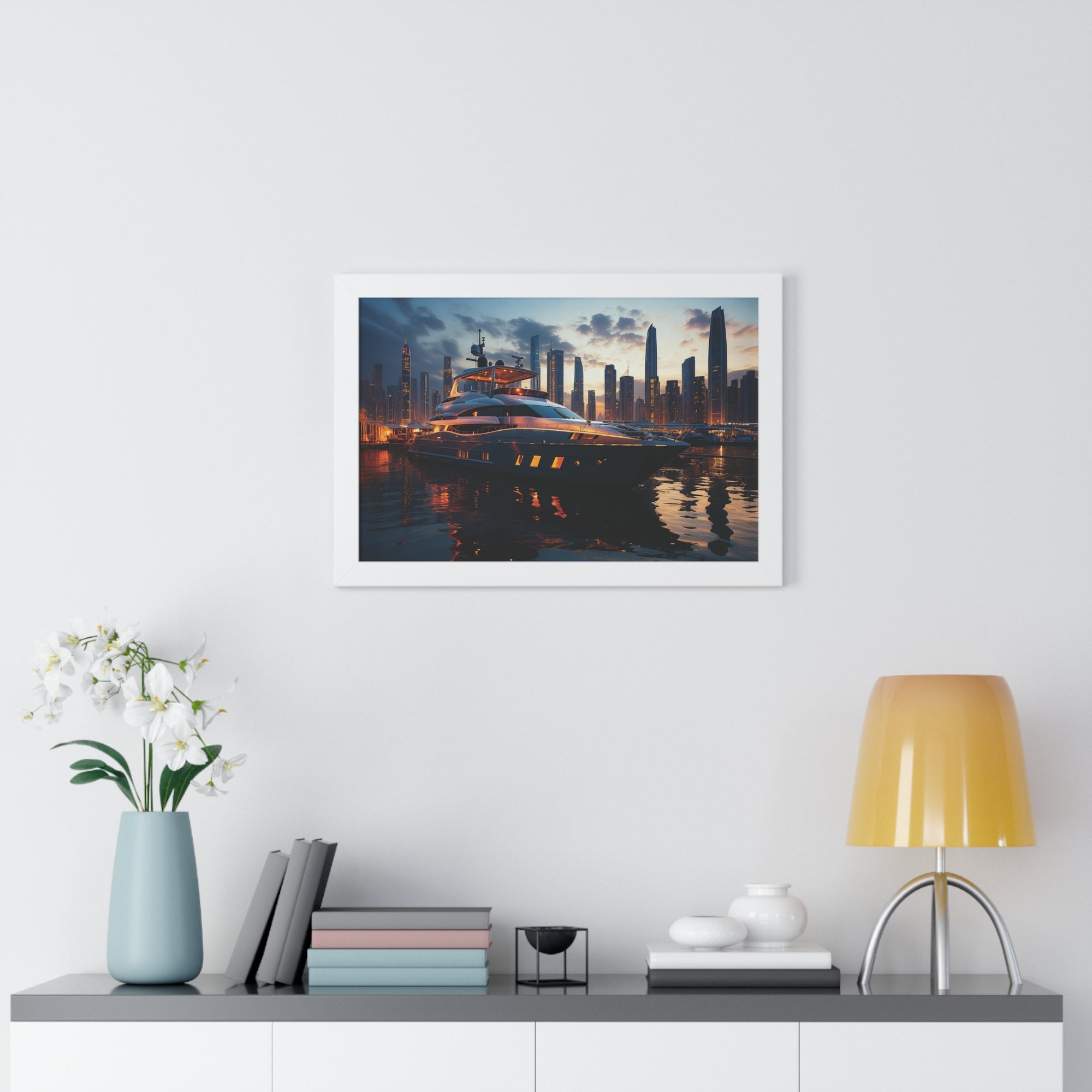 Framed Luxury Yacht at Sunset – Unique Marina Cityscape Wall Art