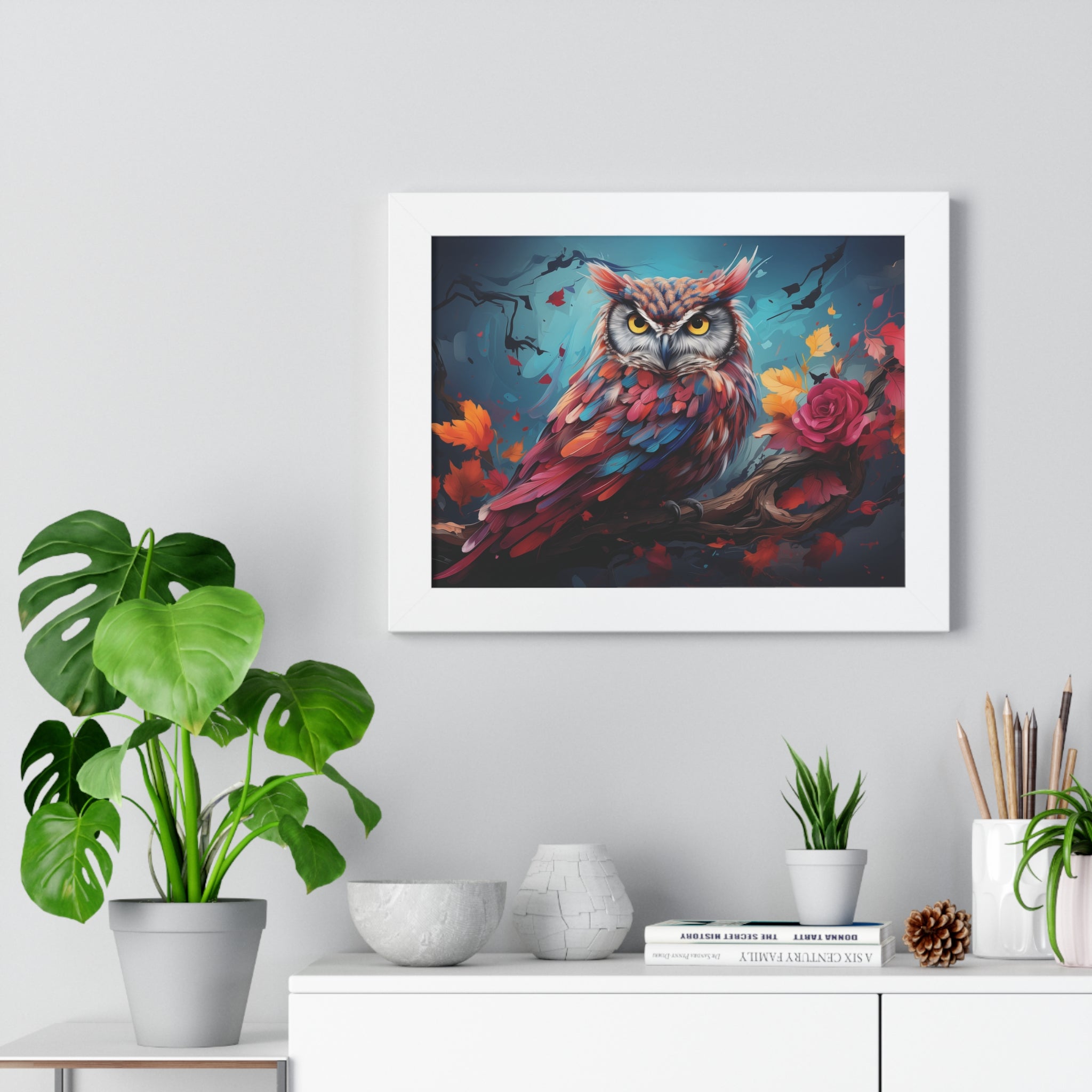 Crimson Perch —🌹Vibrant Owl Wall Art with Autumn Bloom