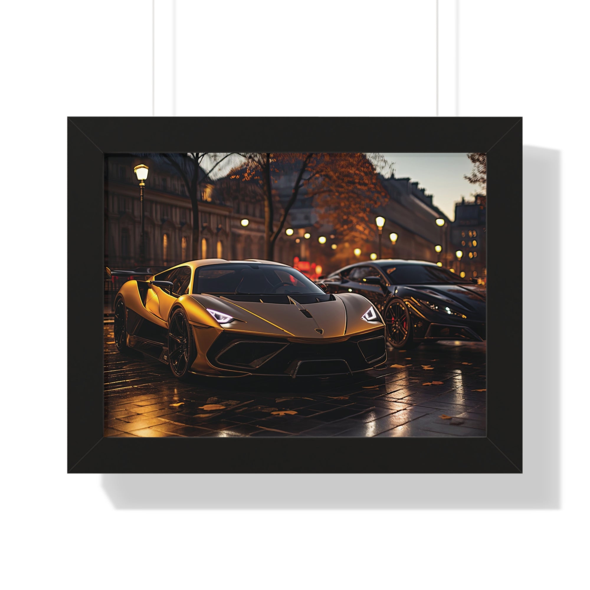 Modified Lamborghini Gold Print - A wet City Street at Night with illuminated Street Lamps