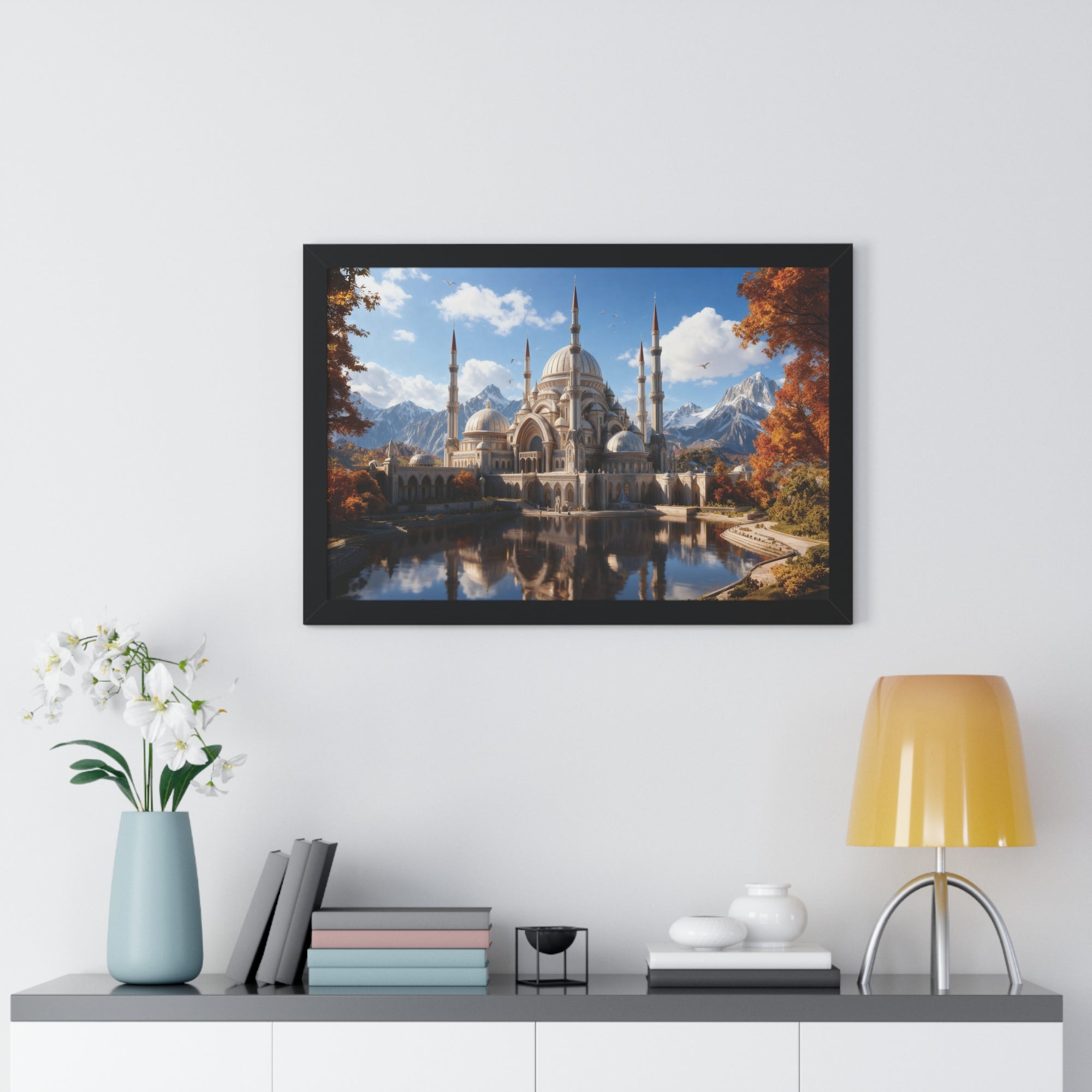 Echoes of Elevation – Majestic Mosque Reflections Framed Wall Art