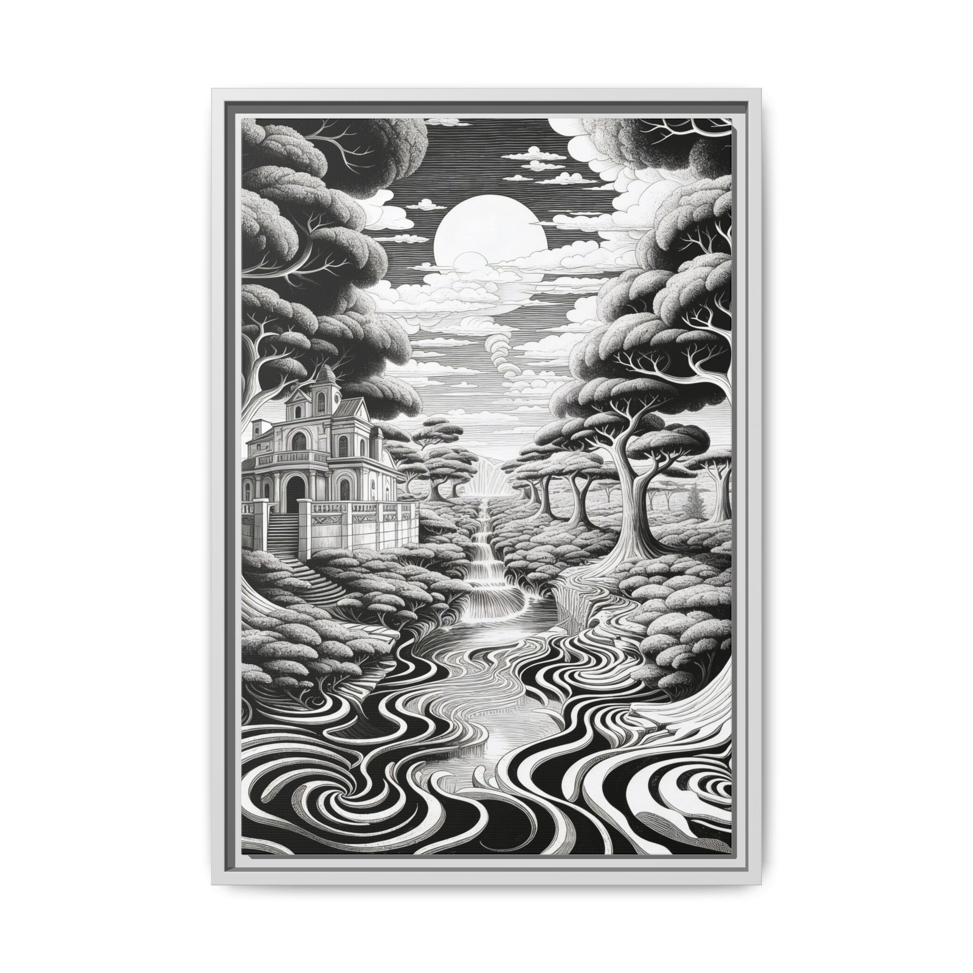 Enchanted River & Mansion Scene Luxury Landscape Wall Art