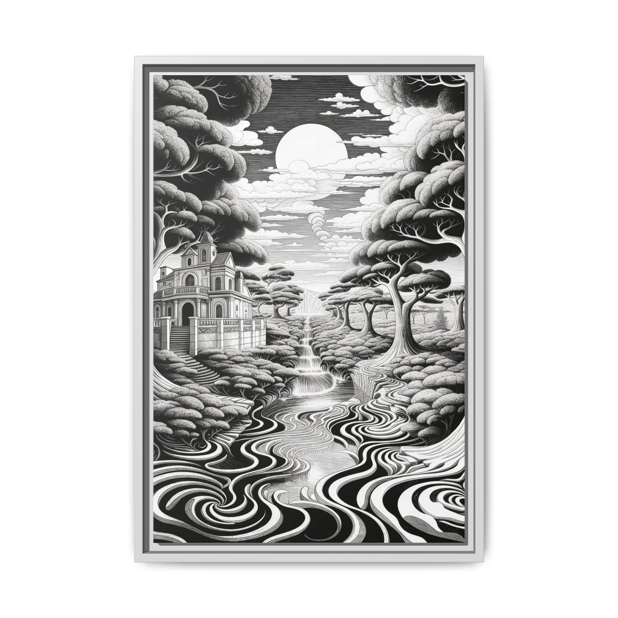 Enchanted River & Mansion Scene Luxury Landscape Wall Art