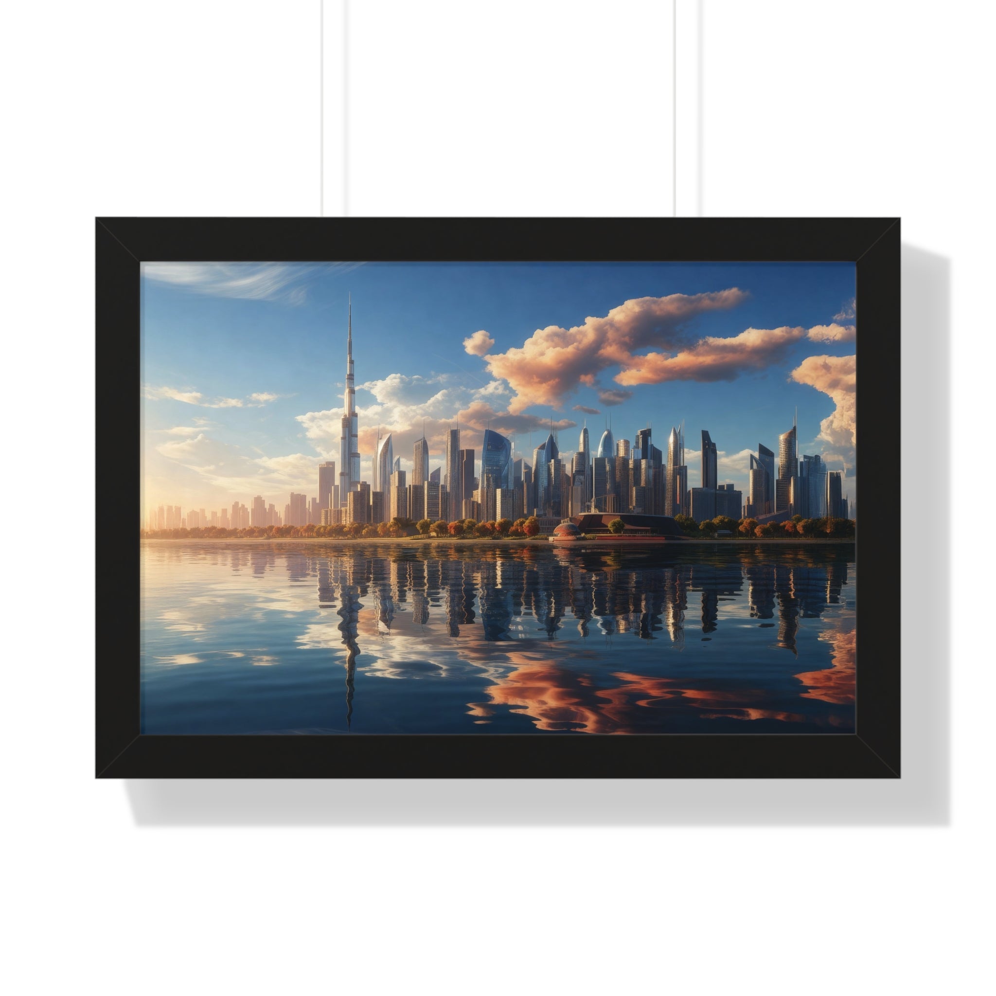 Framed Dubai Sunset Cityscape – Luxury Wall Art with Burj Khalifa for Elegant Interiors