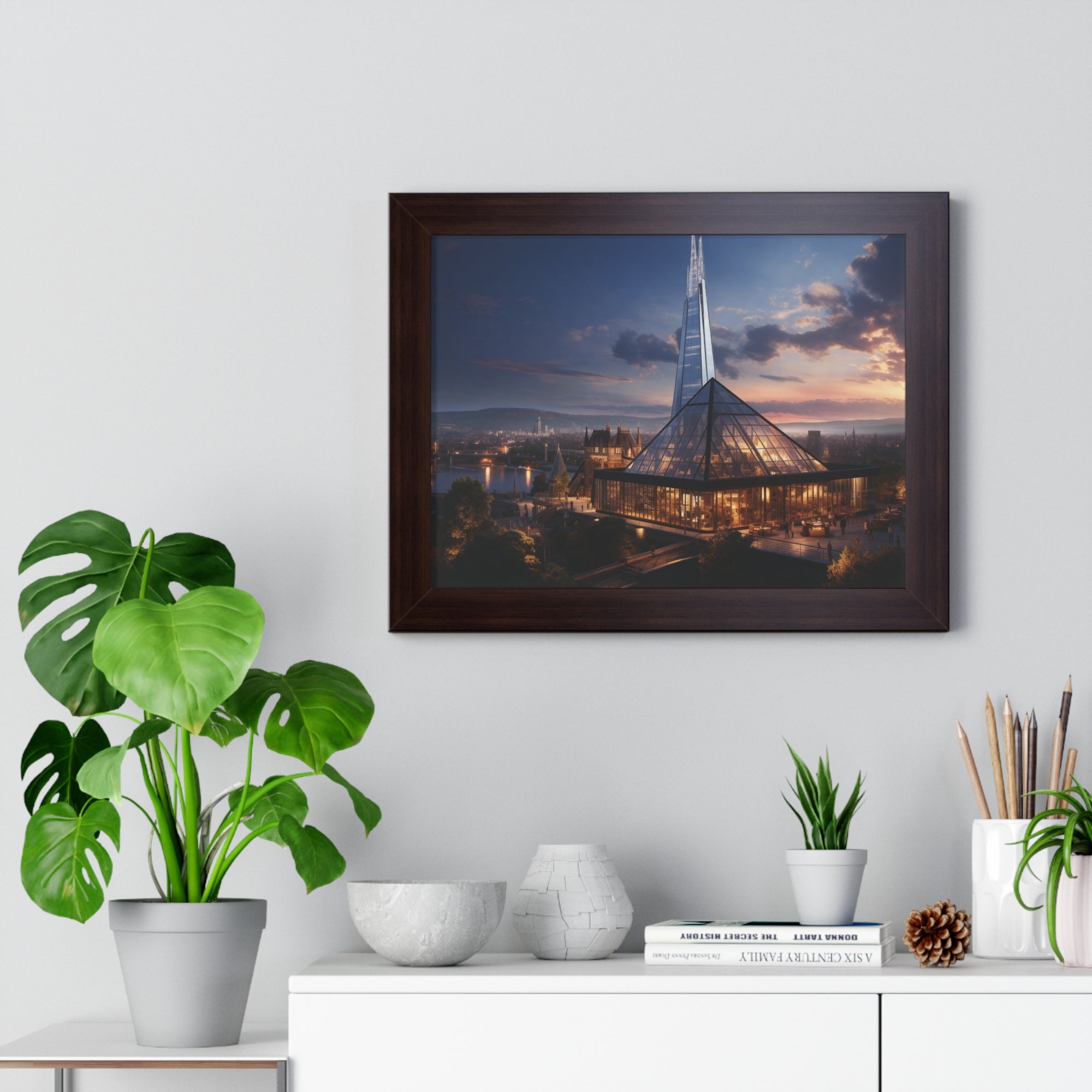 Futuristic Twilight: Glass Spire & Pyramid Skyline – Illuminated Architecture Wall Art