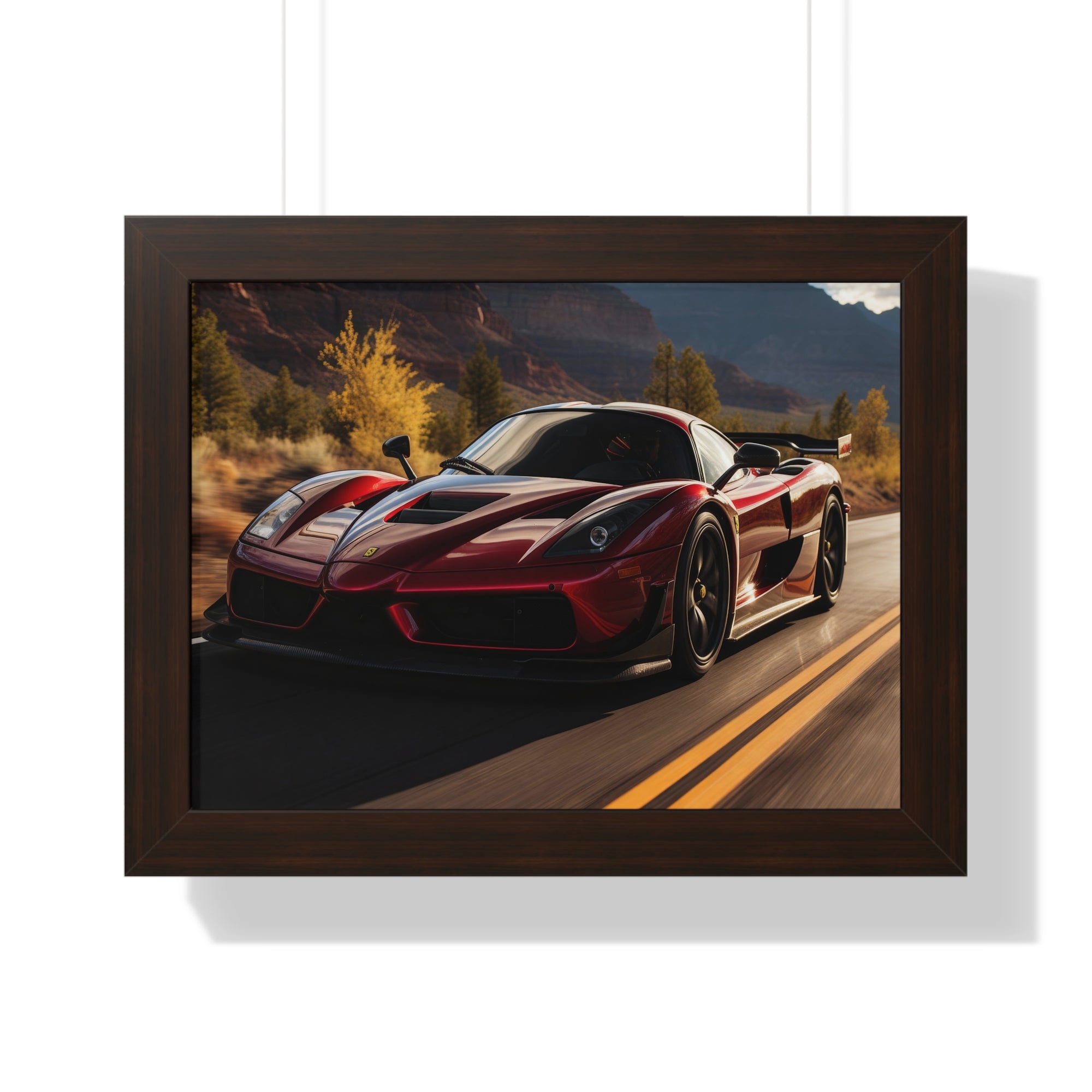 Red Ferrari F50 – Framed Poster in Majestic Mountain Setting