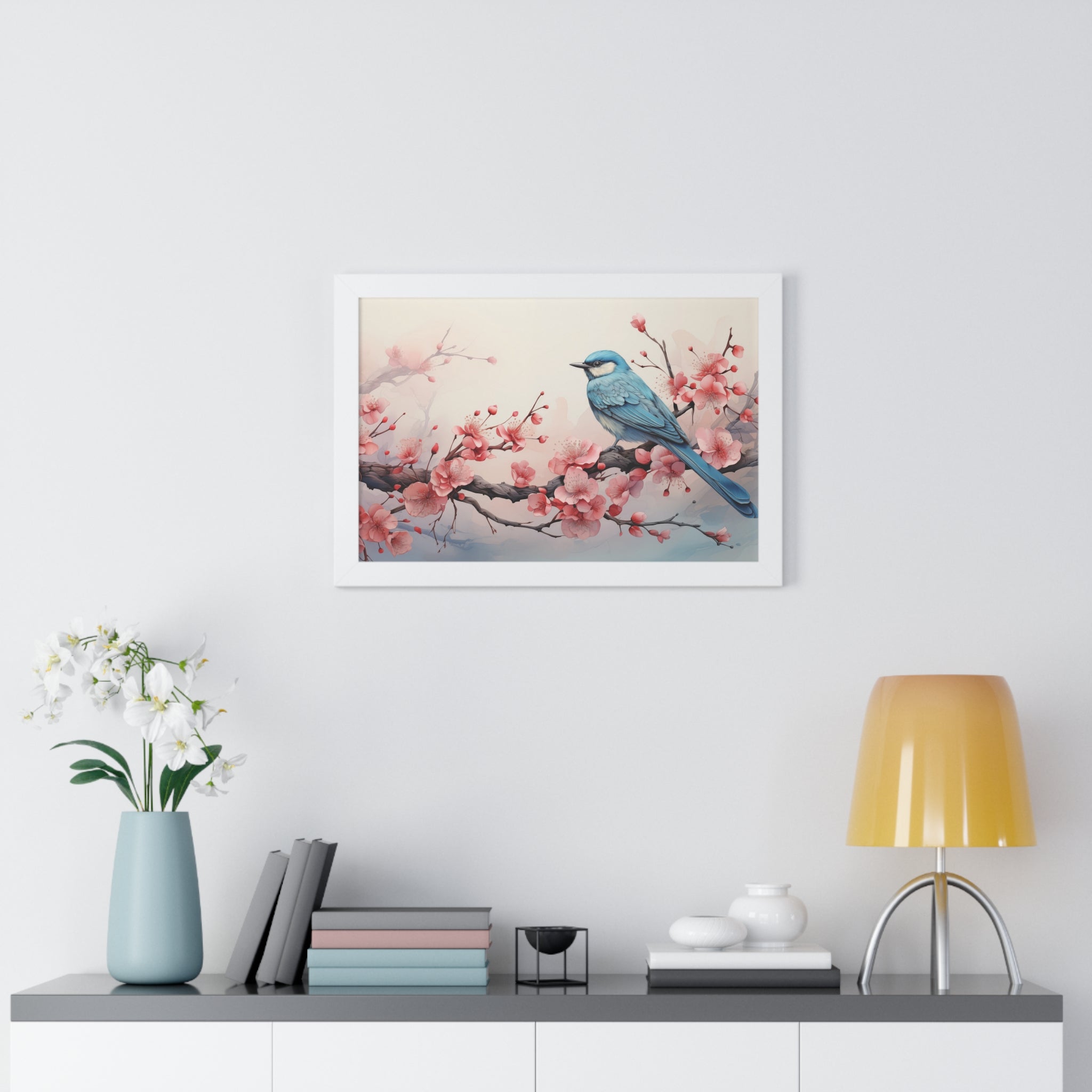 Blue Jay in Bloom  Botanical Wall Art with Cherry Blossoms