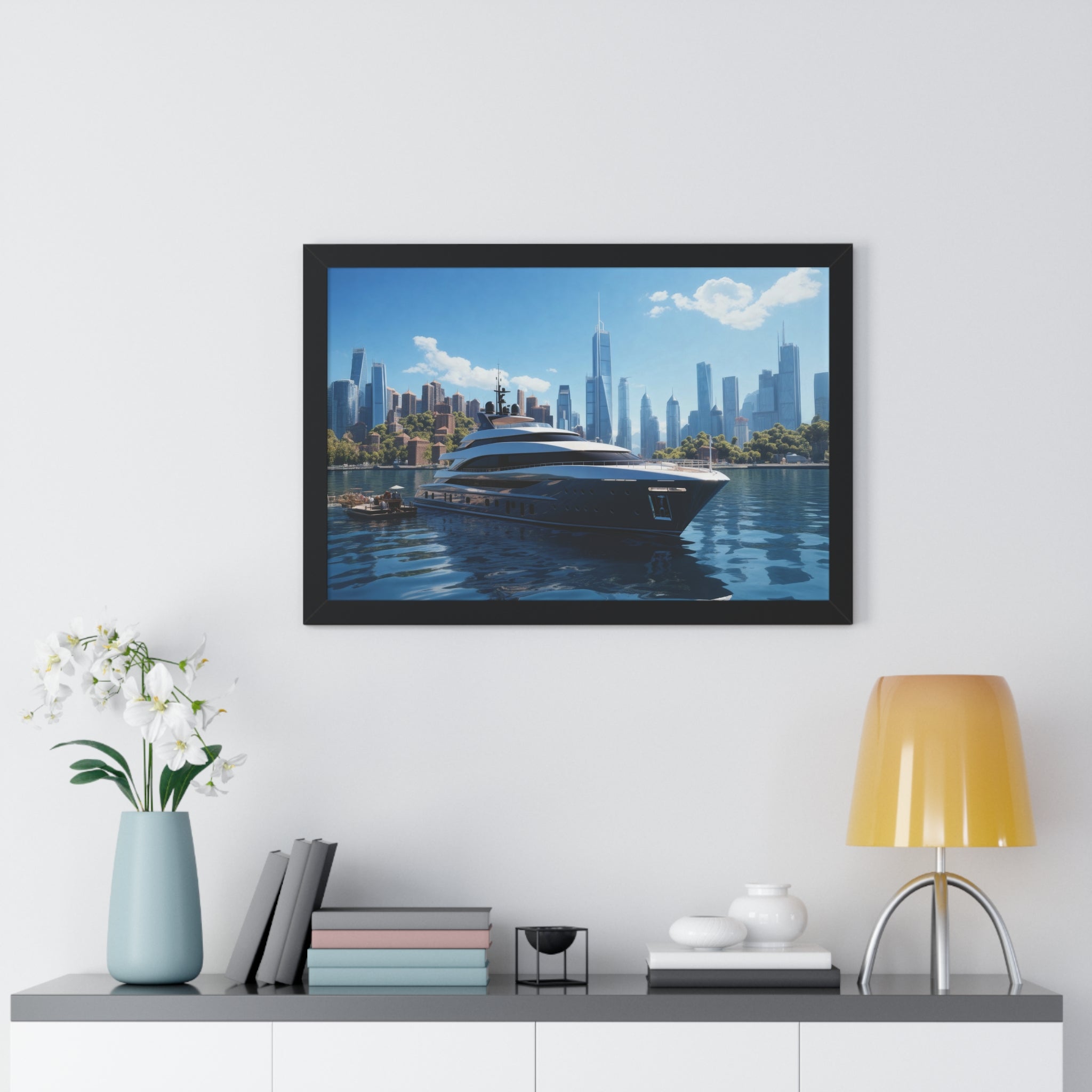 Luxury Waterfront Serenity – Framed Yacht & Skyline Wall Decor
