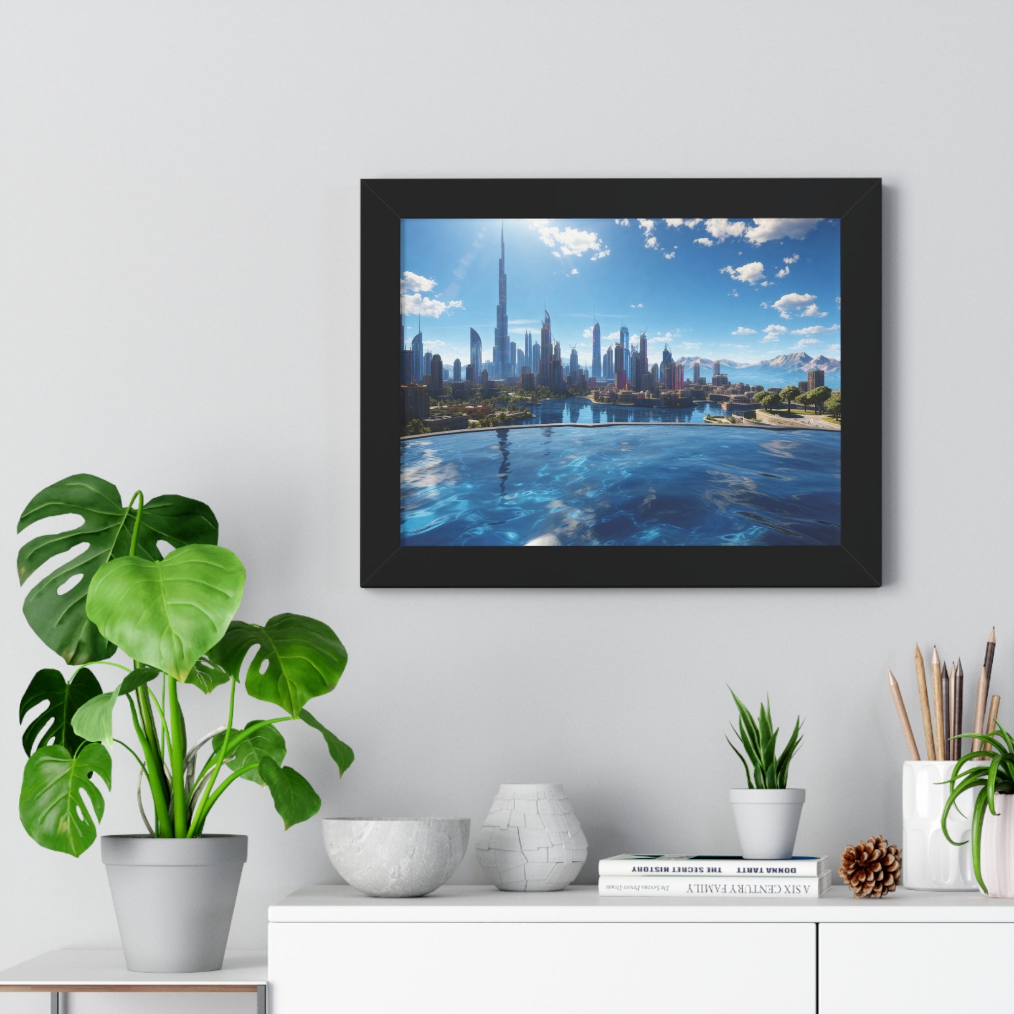 Infinity Pool Skyline View – Framed Luxury Wall Art with Cityscape and Mountain Backdrop