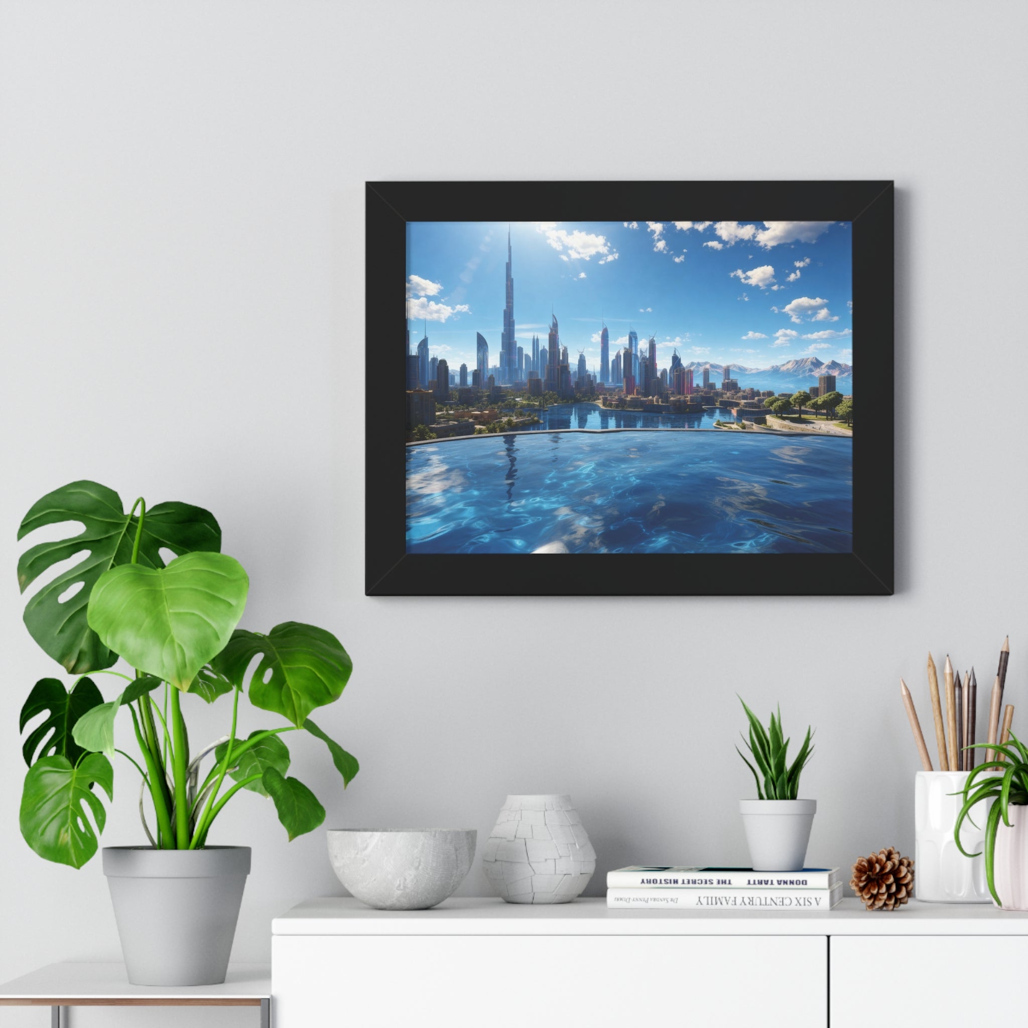 Infinity Pool Skyline View – Framed Luxury Wall Art with Cityscape and Mountain Backdrop