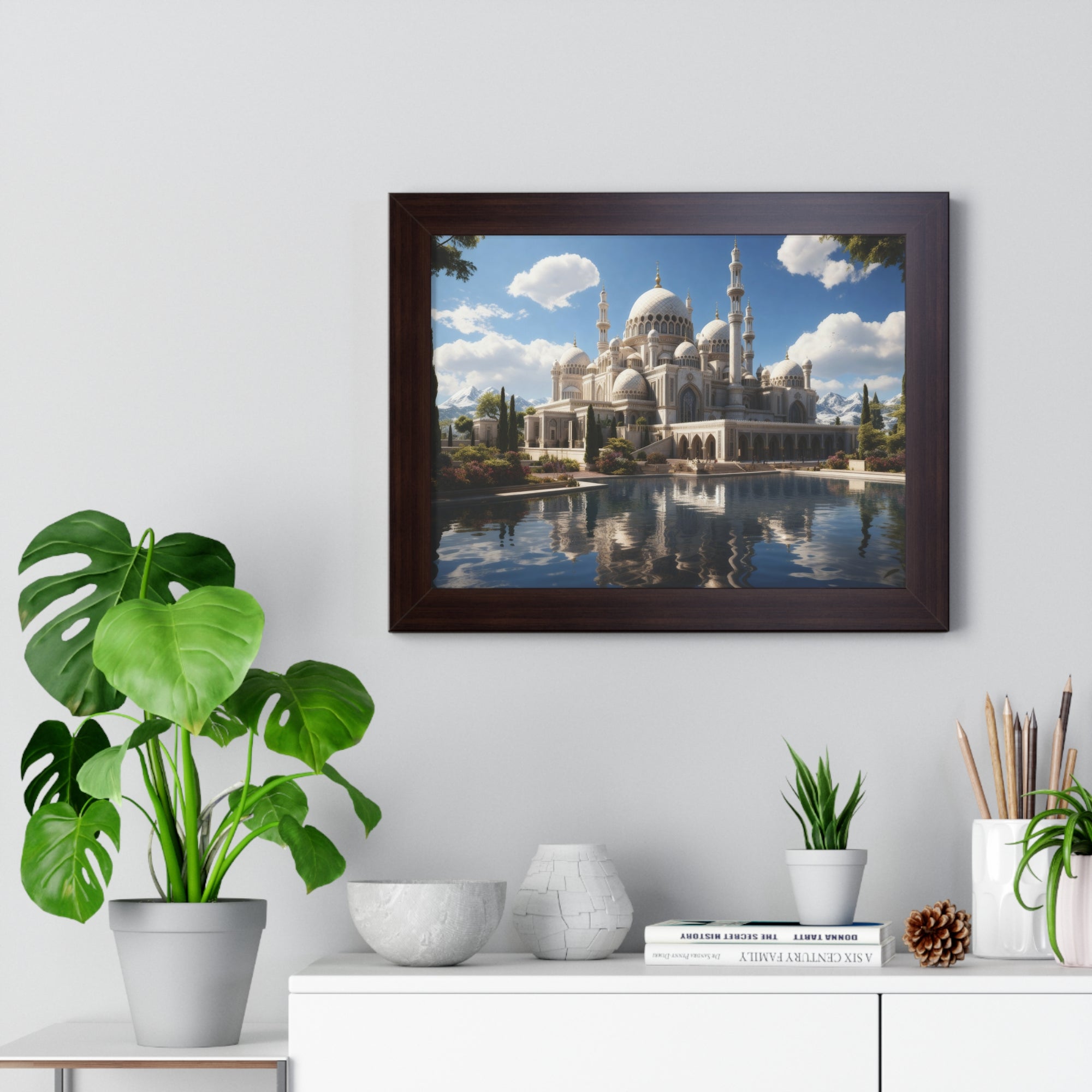 Reflections of Faith – Framed Islamic Mosque Wall Art with Scenic Lake & Mountain Backdrop