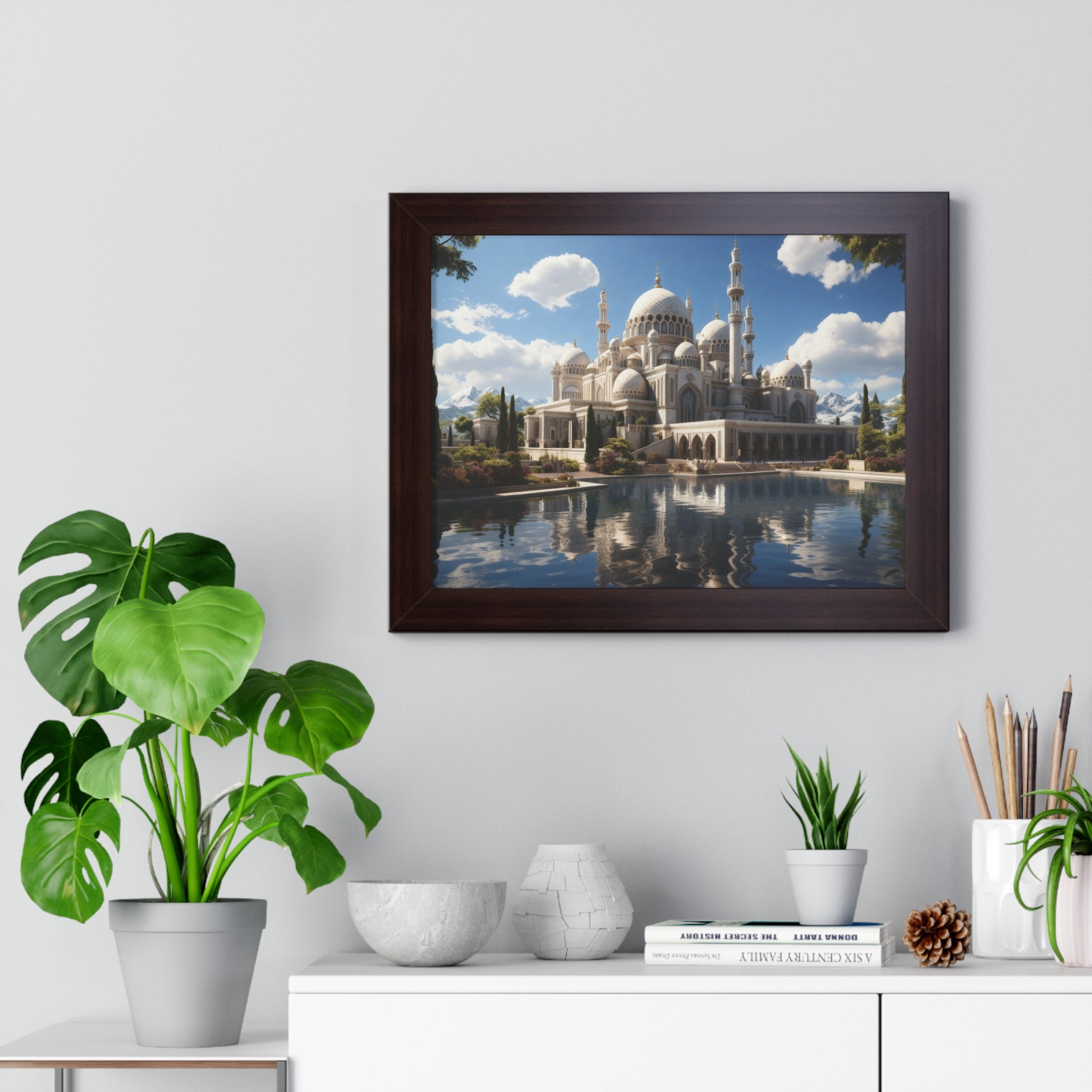 Reflections of Faith – Framed Islamic Mosque Wall Art with Scenic Lake & Mountain Backdrop