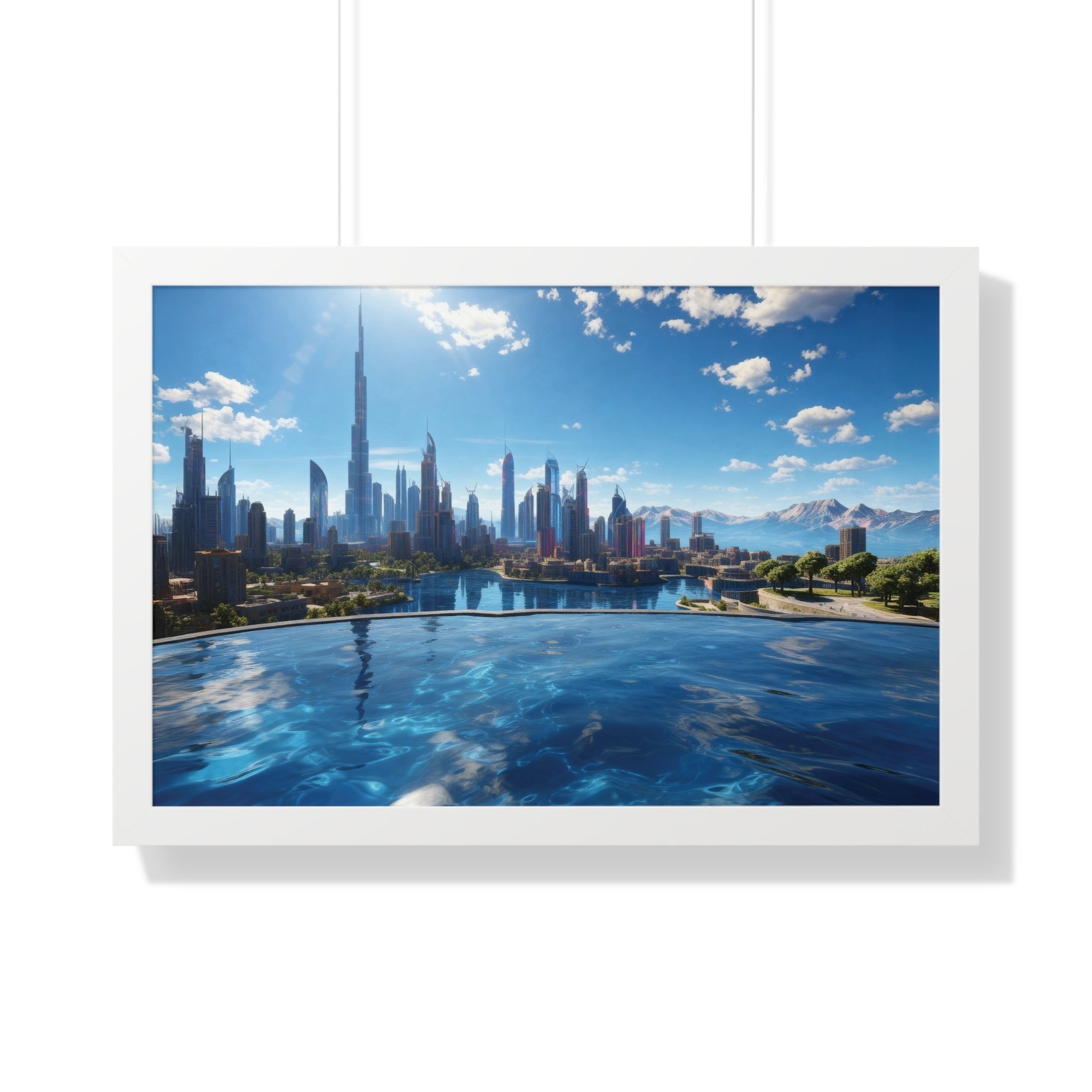 Infinity Pool Skyline View – Framed Luxury Wall Art with Cityscape and Mountain Backdrop