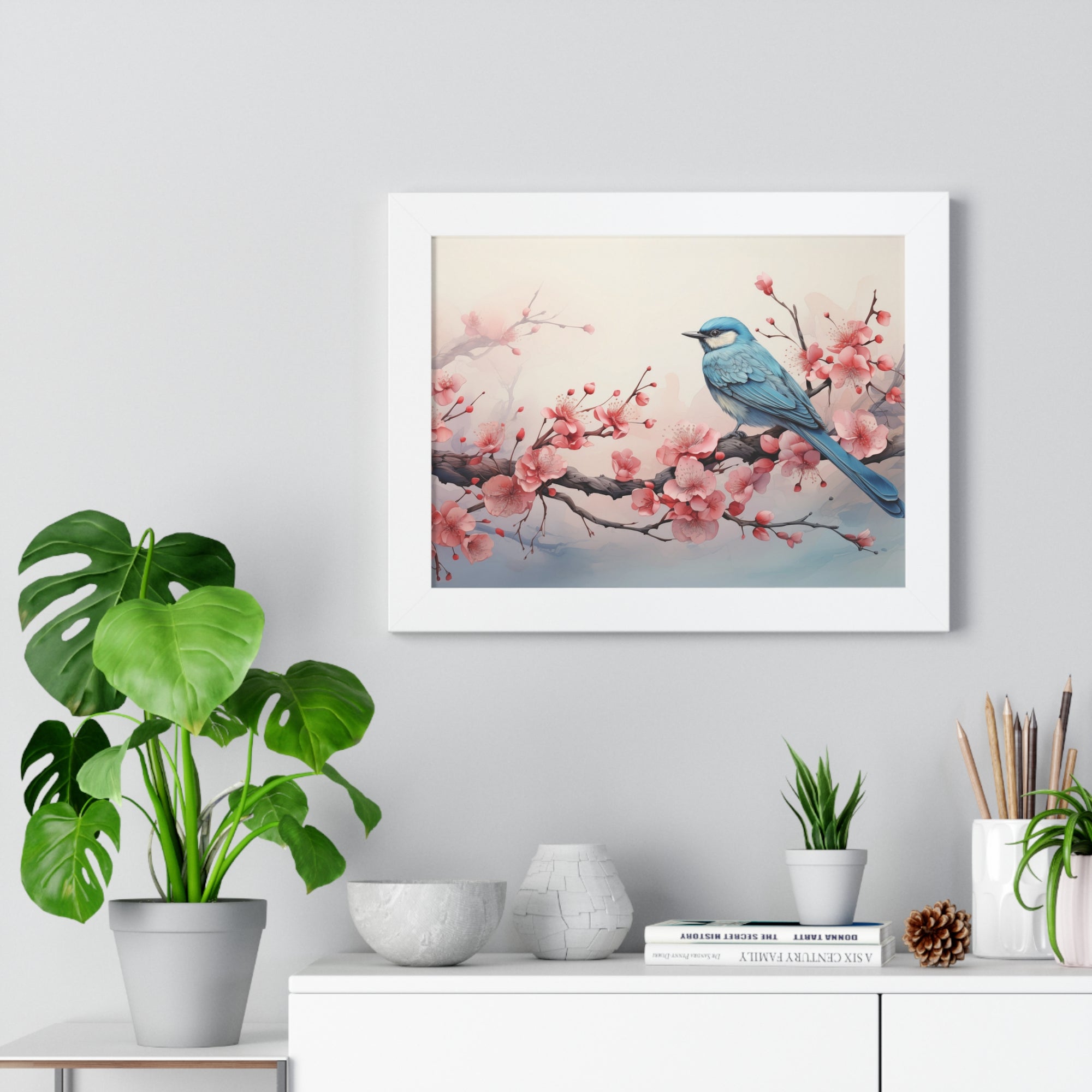 Blue Jay in Bloom  Botanical Wall Art with Cherry Blossoms