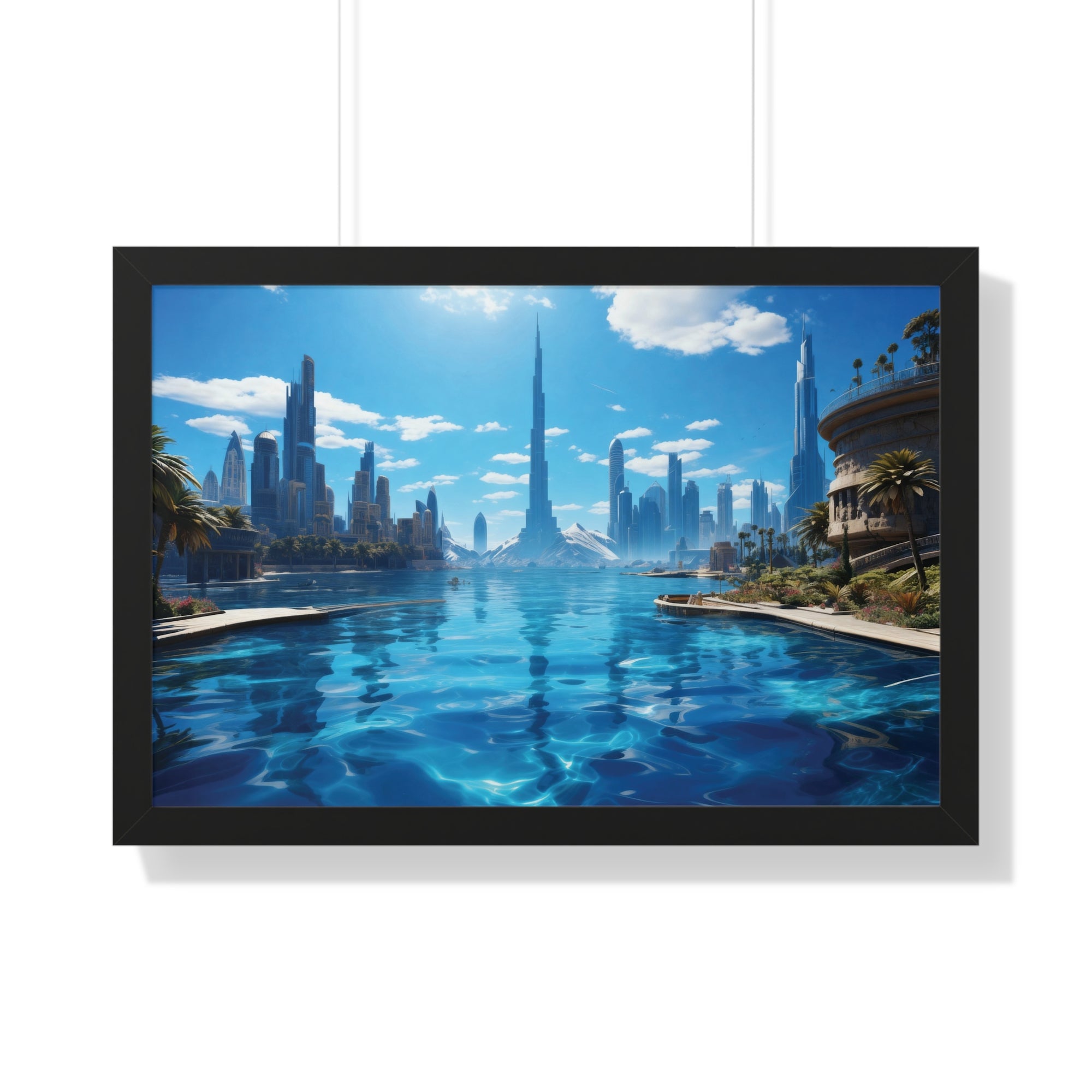 Futuristic Waterfront Skyline – Framed Wall Art with Palm Trees & Ultra-Modern Architecture
