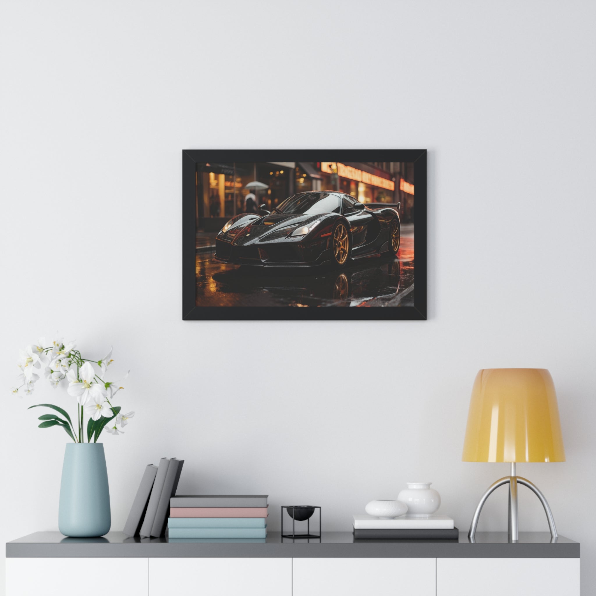 Framed Black Ferrari F50 Poster – Bold Automotive Statement Piece