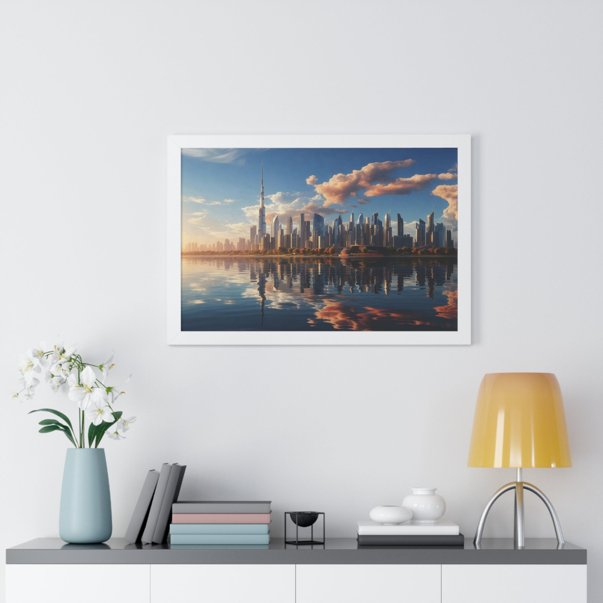 Framed Dubai Sunset Cityscape – Luxury Wall Art with Burj Khalifa for Elegant Interiors