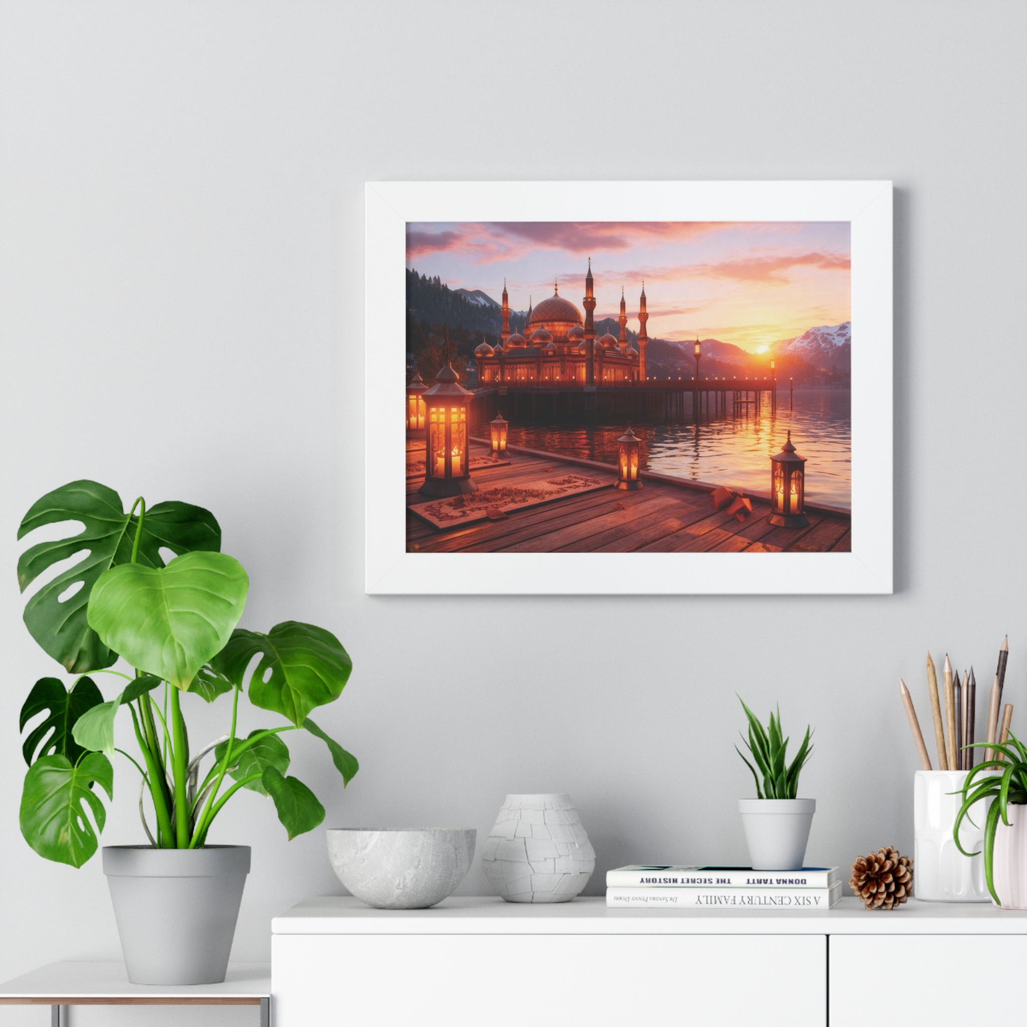 Twilight Serenity – Illuminated Mosque Reflections Framed Wall Art