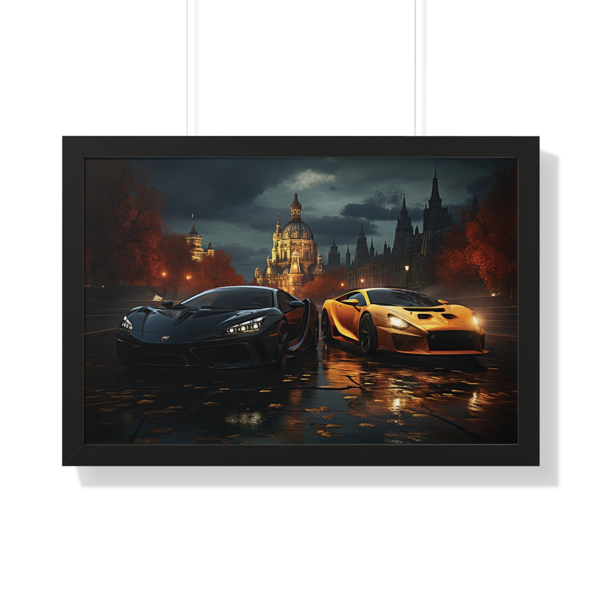 Two Lamborghinis set outside a illuminated Grand Building under a Cloudy Sky