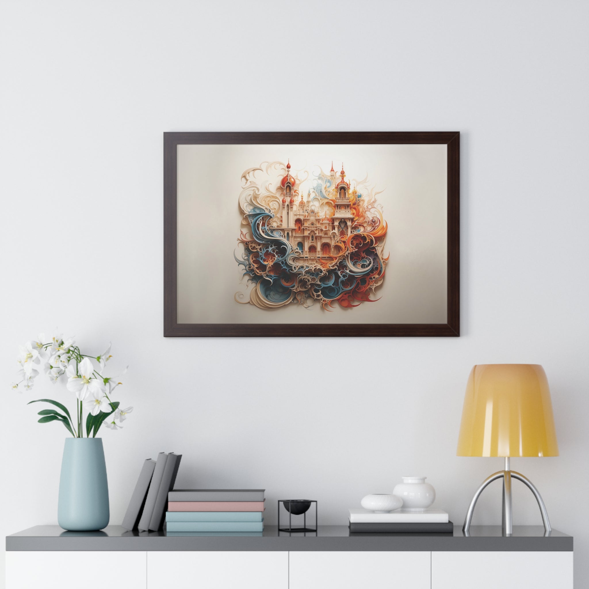 Whimsical Citadel – Mosque Themed Framed Wall Art in Swirling Hues