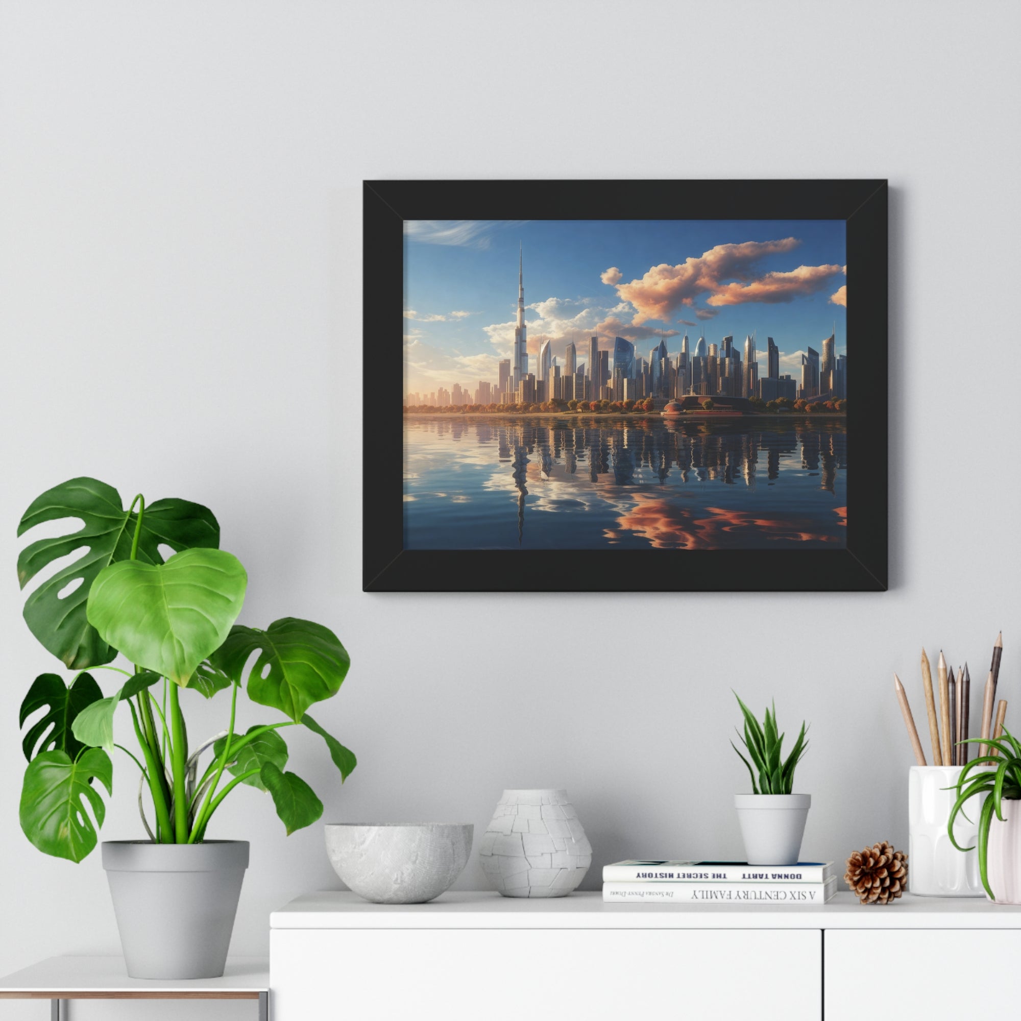 Framed Dubai Sunset Cityscape – Luxury Wall Art with Burj Khalifa for Elegant Interiors