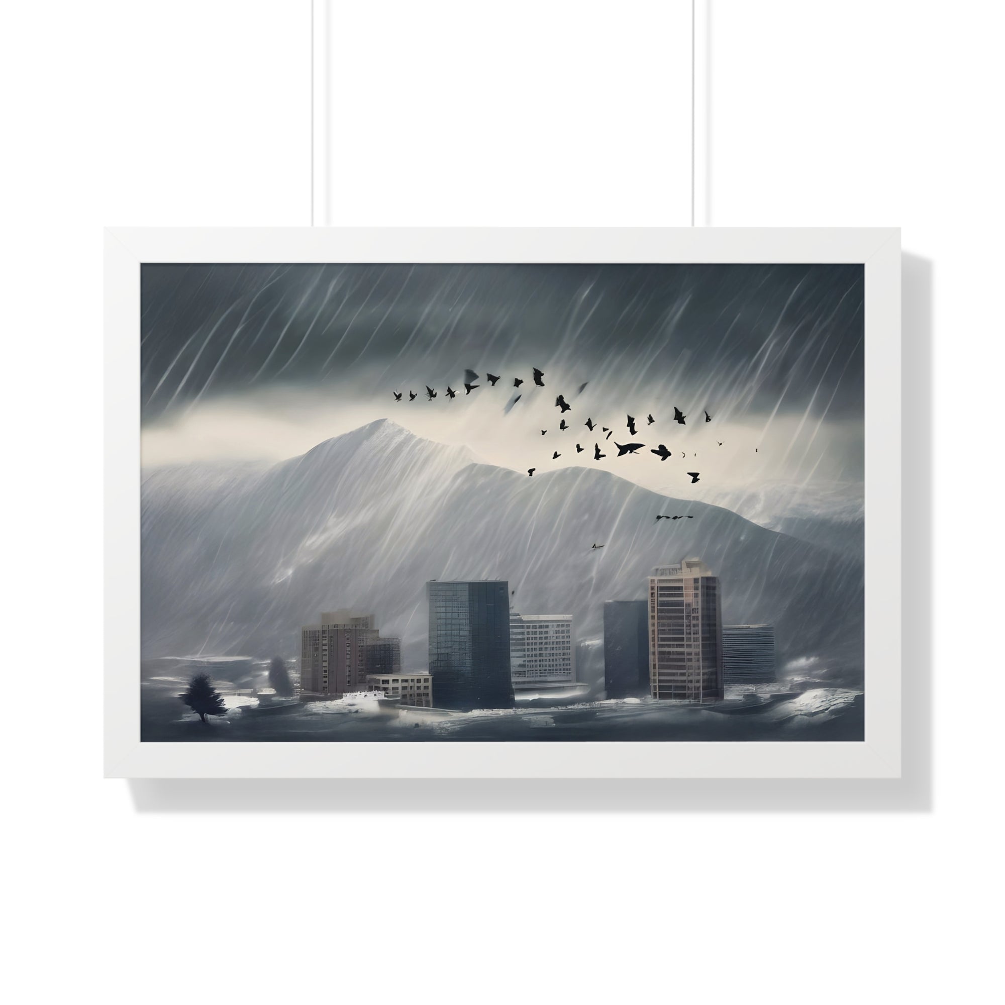 Urban Downpour with Birds in Flight – Futuristic Wall Print