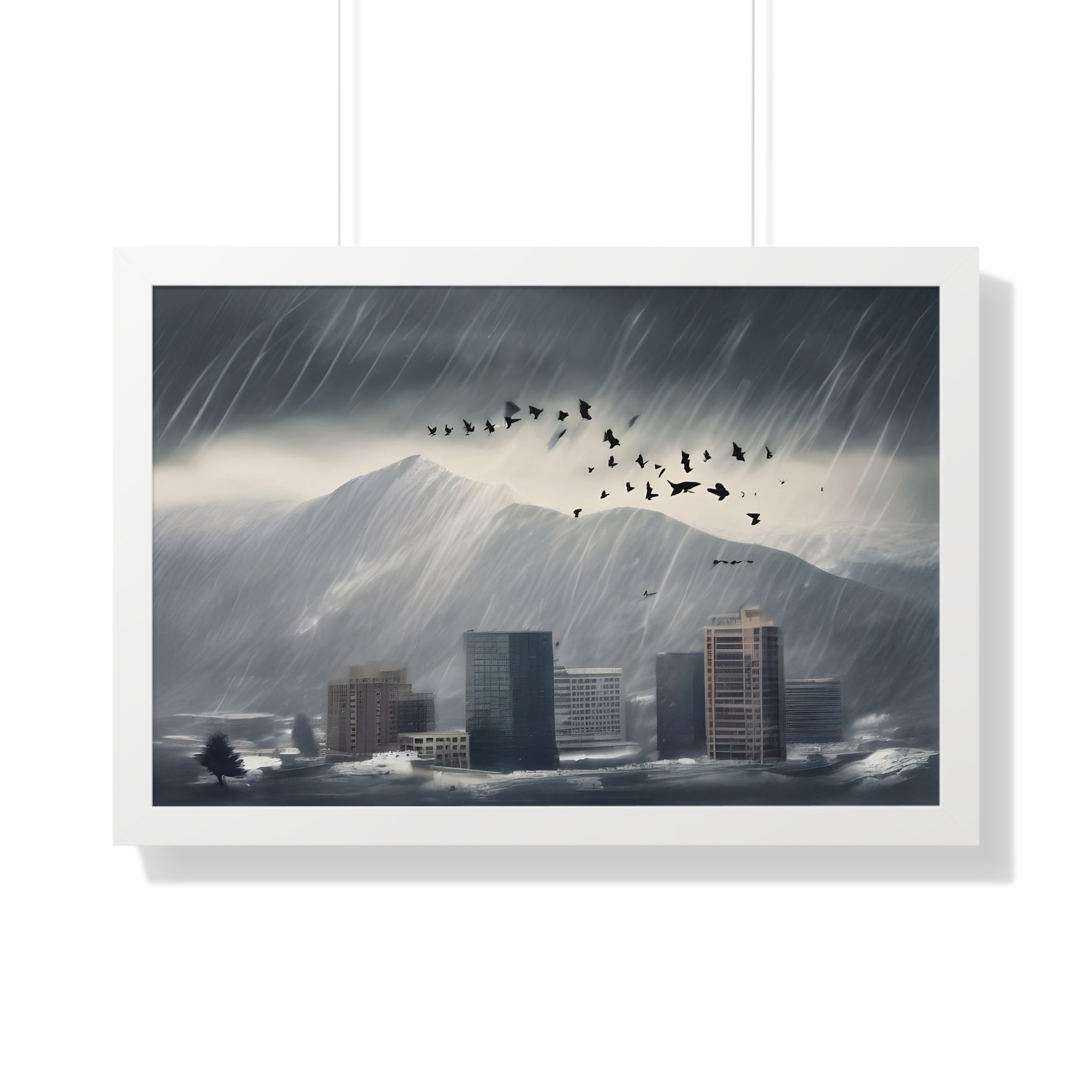 Urban Downpour with Birds in Flight – Futuristic Wall Print
