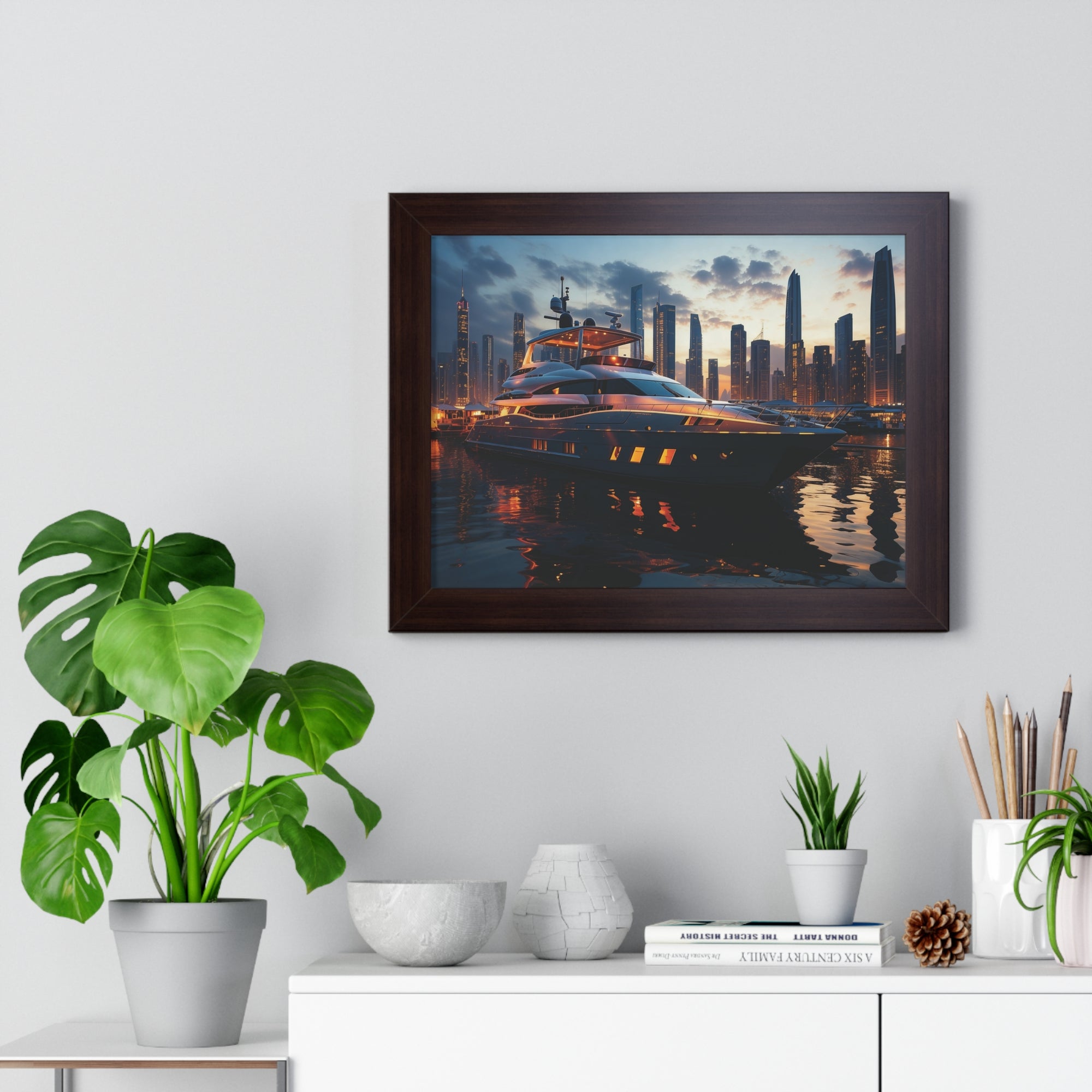 Framed Luxury Yacht at Sunset – Unique Marina Cityscape Wall Art